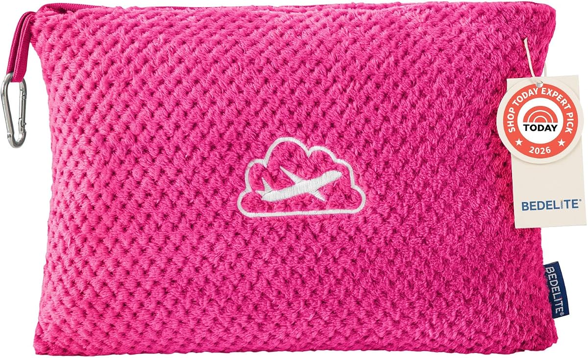 Travel Blanket with Bag, Jacquard Fleece Blanket 65"x40", Hot Pink | Ultra-soft Airplane Blanket, Luggage Sleeve & Backpack Clip, Travel Essentials for Women, Foldable as Pillow for Long Flight