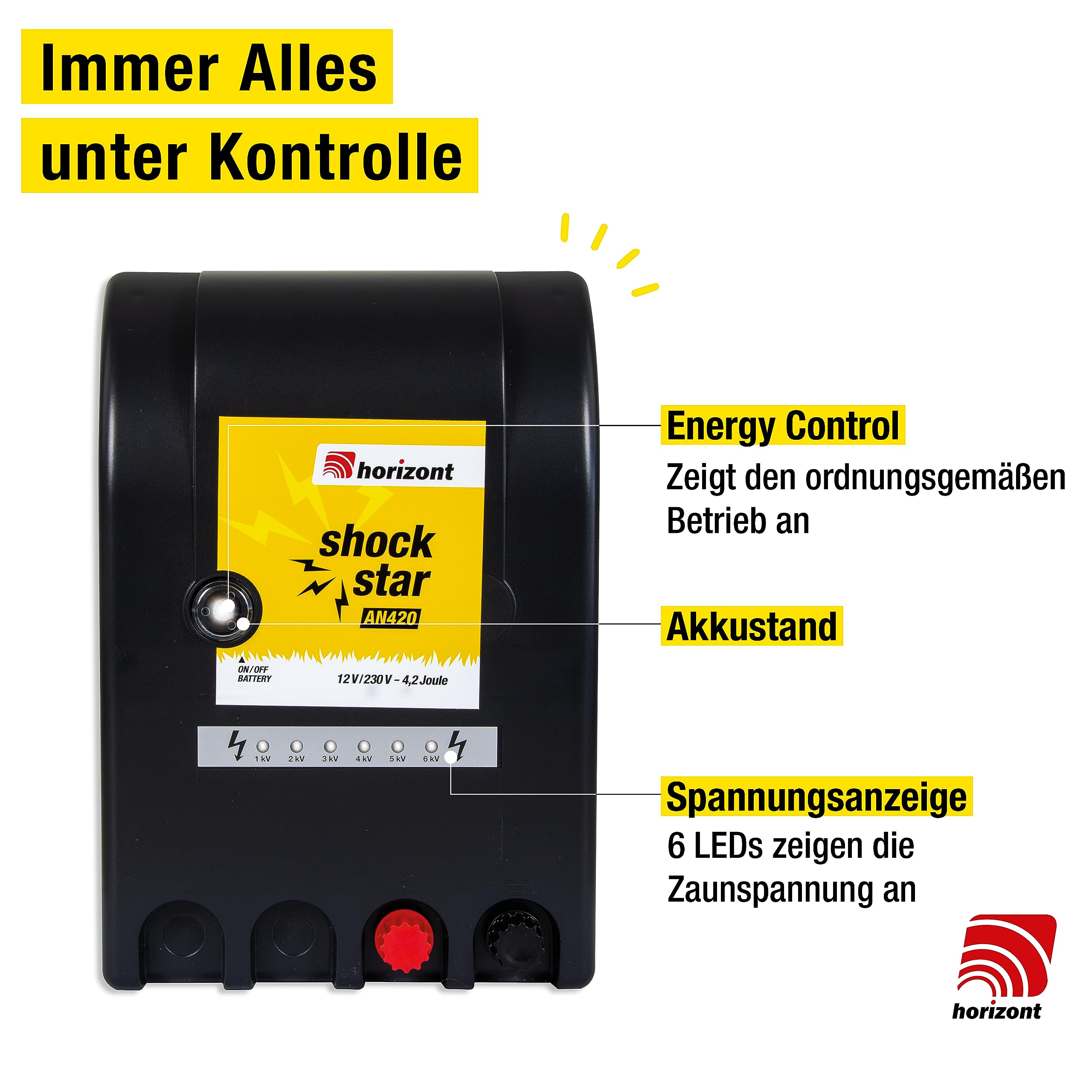 horizont Urządzenie do pastwiska 12 V/230 V Shockstar AN420 – urządzenie wielofunkcyjne – do ogrodzenia o długości 25 km i 12 ogrodzeń elektrycznych (50 m) – urządzenie do ogrodzenia pastwiskowego z