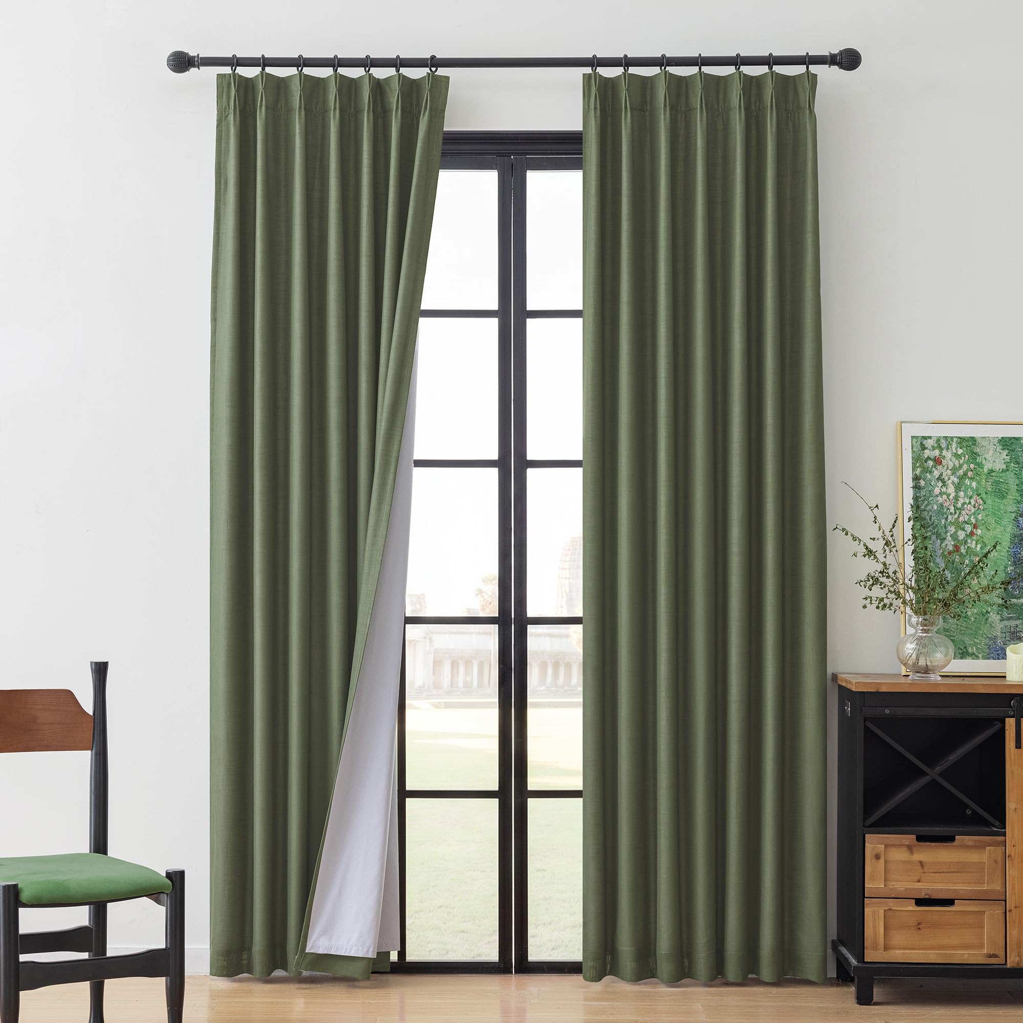 MYSKY HOME Olive Green Linen Pinch Pleated 100% Blackout Curtains 40Wx90L