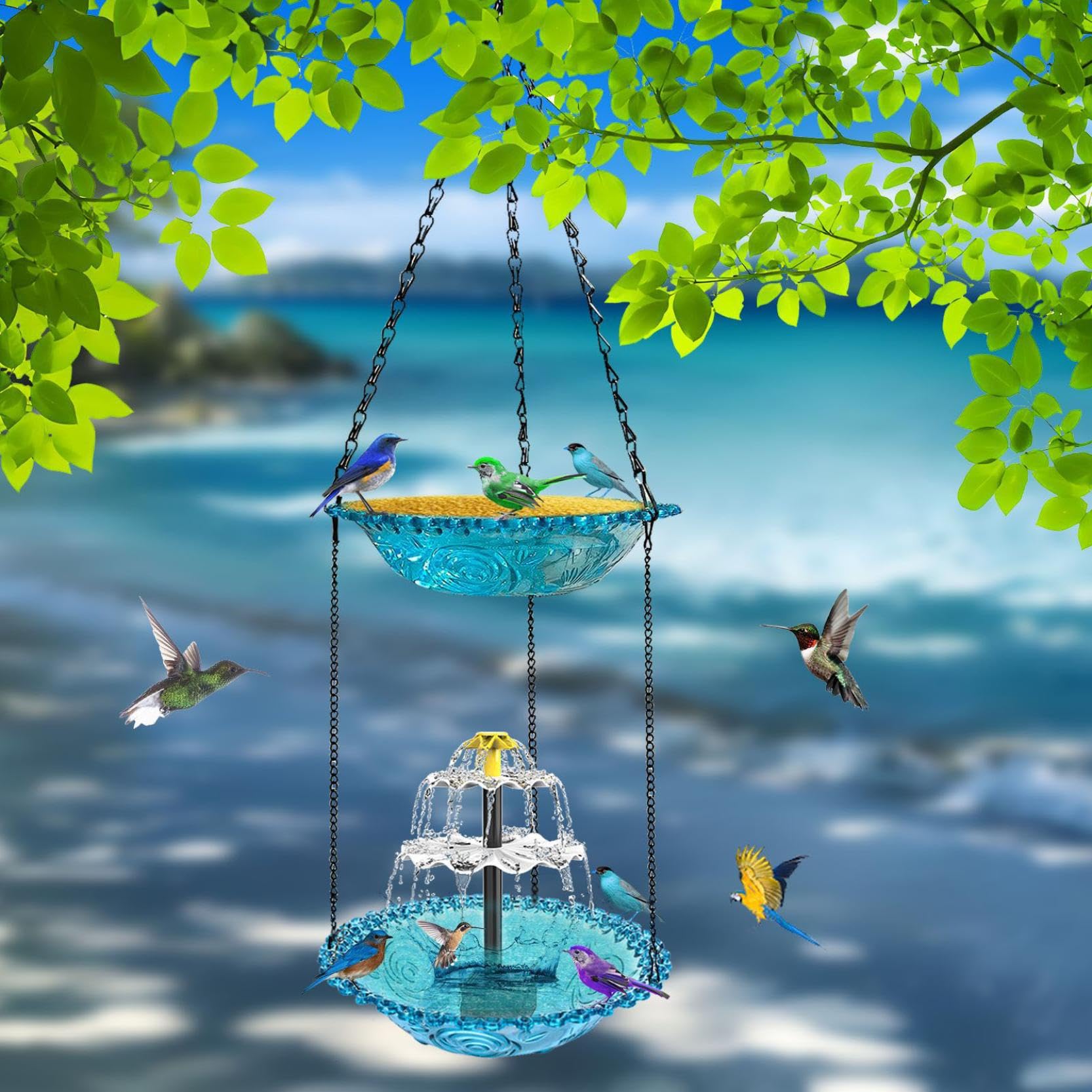 Vogeltränke Balkon,Vogeltränke Hängend,Solar Vogelbad Mit Springbrunnen Hängend Gartendekoration Wasserspiel Für Vögel Outdoor,Ganzjährige Verwendung