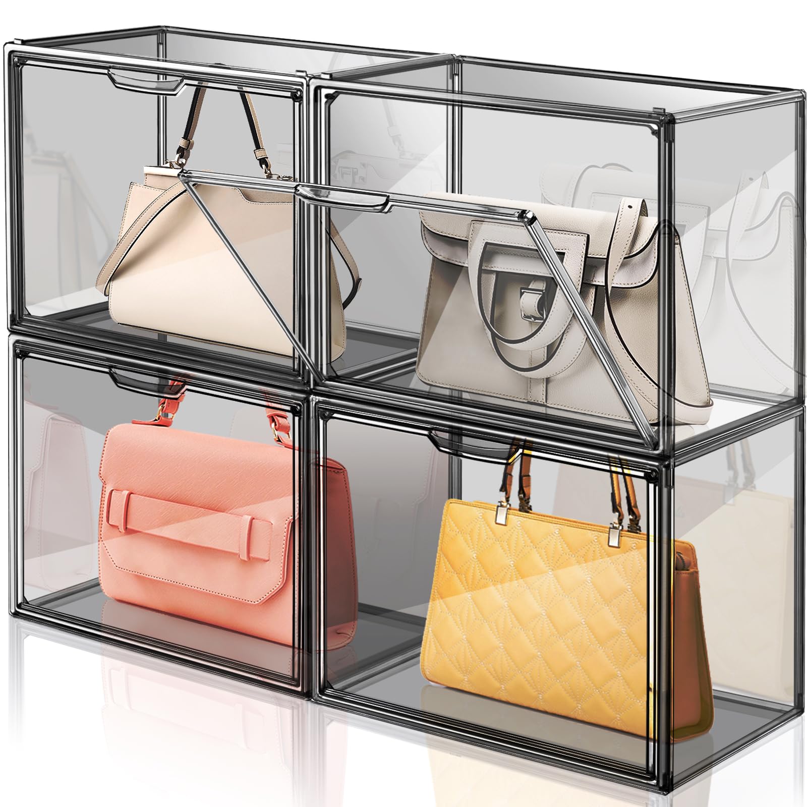 ULENDIS 4 Pack Handbag Storage Organizer for Closet, Transparent Gray Acrylic Display Case for Handbag Purse, Stackable Storage Organizer with Magnetic Door for Wallet Book Cosmetic Toys Display