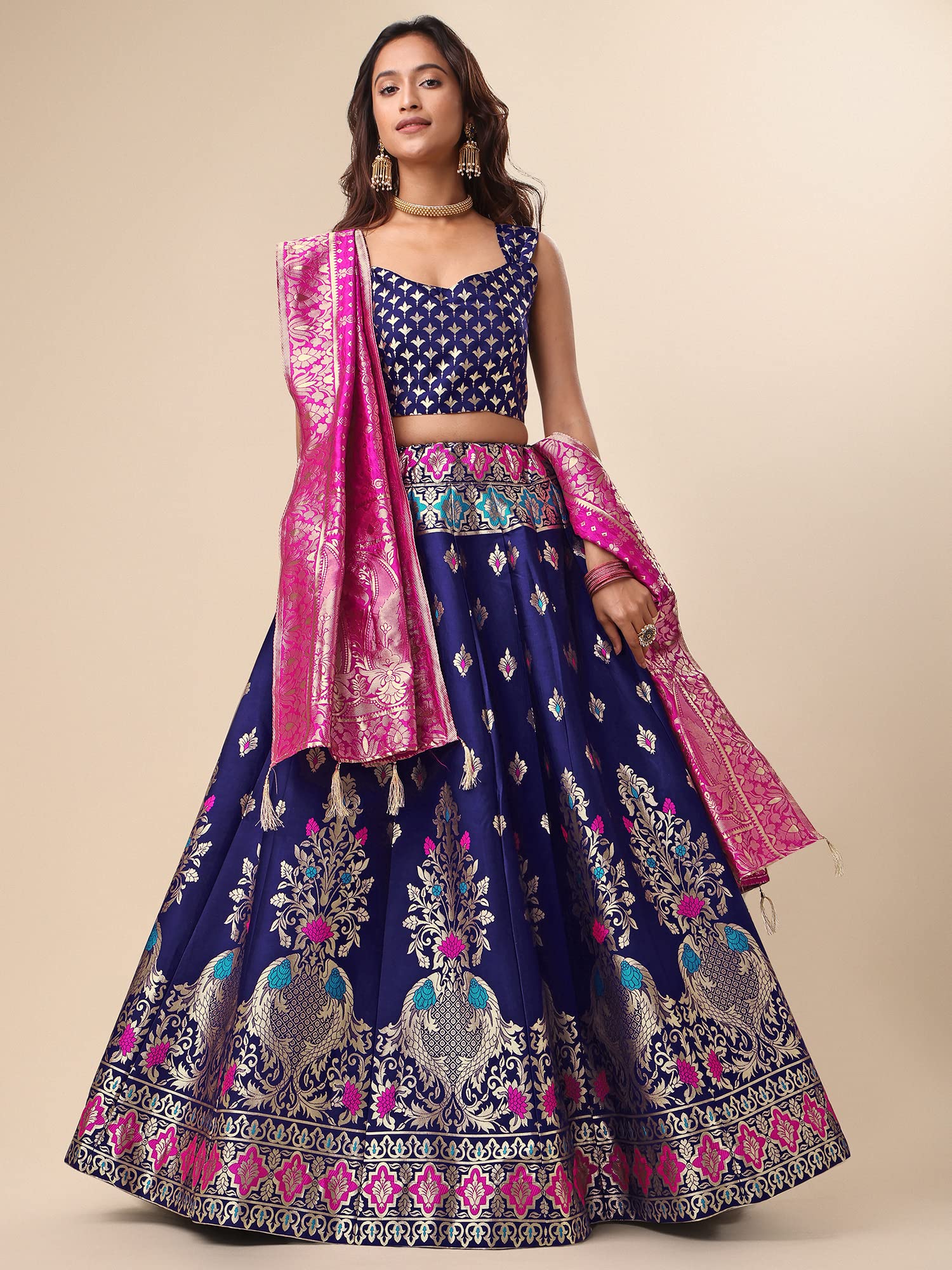 PURVAJA Lehenga choli de jacquard semipunzado para mujer (Indra)