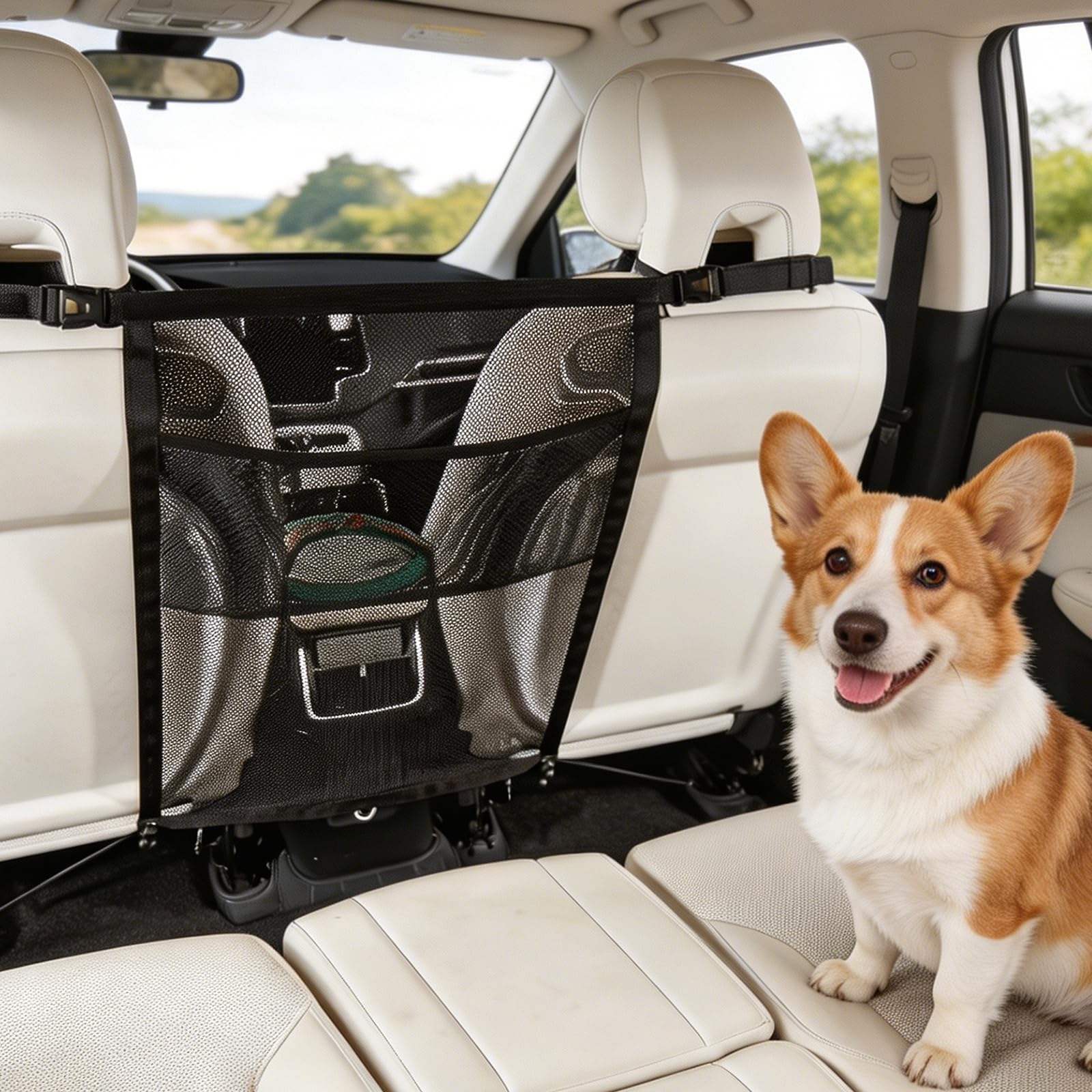 Hundegitter Auto Mit Aufbewahrungstaschen, Trennnetz Hund - Hundenetz für Vordersitz, Auto-Netz-Organizer, Universal Rücksitzsperre, Hundebarriere, Hunde-Autotrenner für LKW, SUV und Limousinen