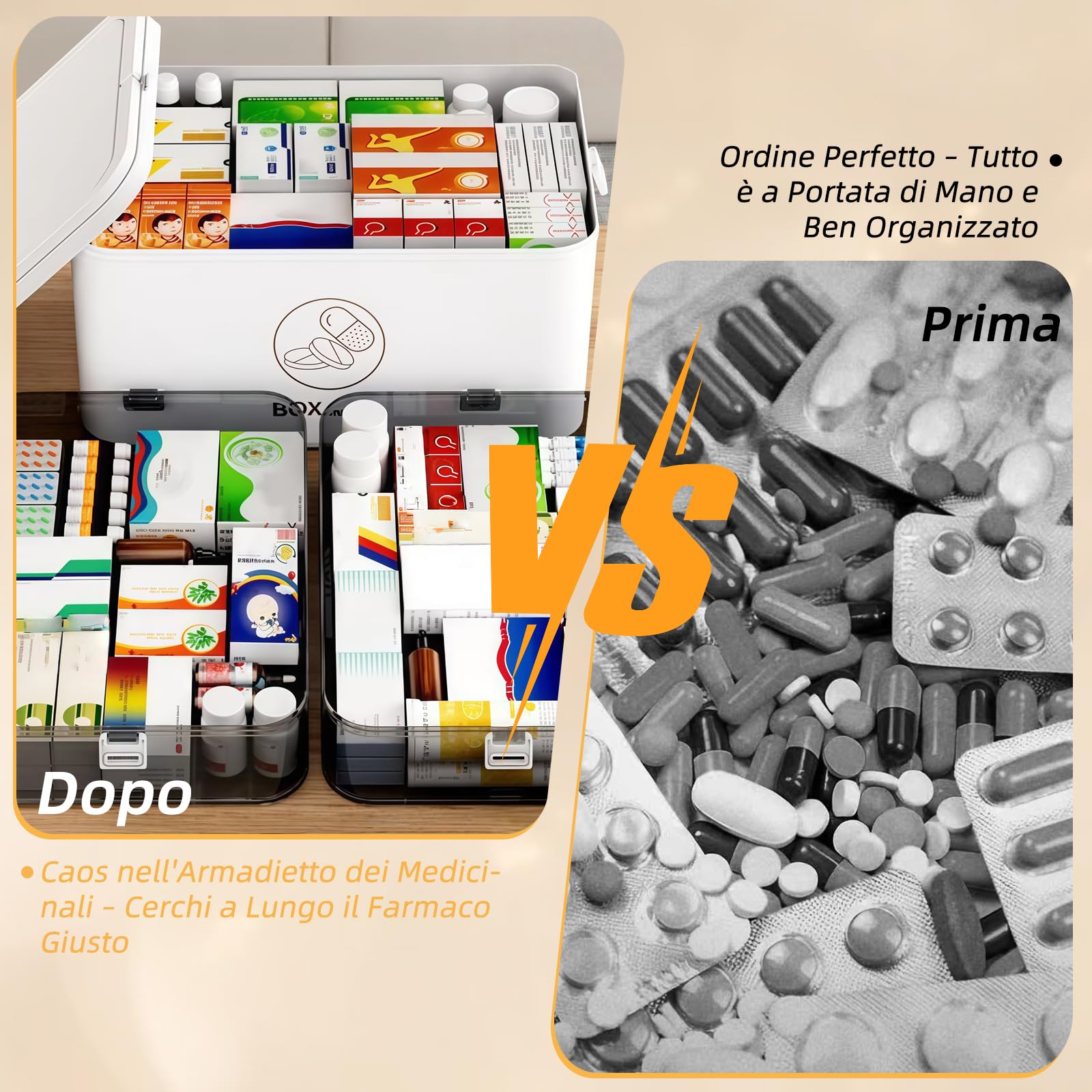 Grande scatola per medicinali a tre strati con maniglia per il trasporto, kit di pronto soccorso, scatola multifunzione portatile, adatta per l'organizzazione di farmaci, materiale di primo soccorso e