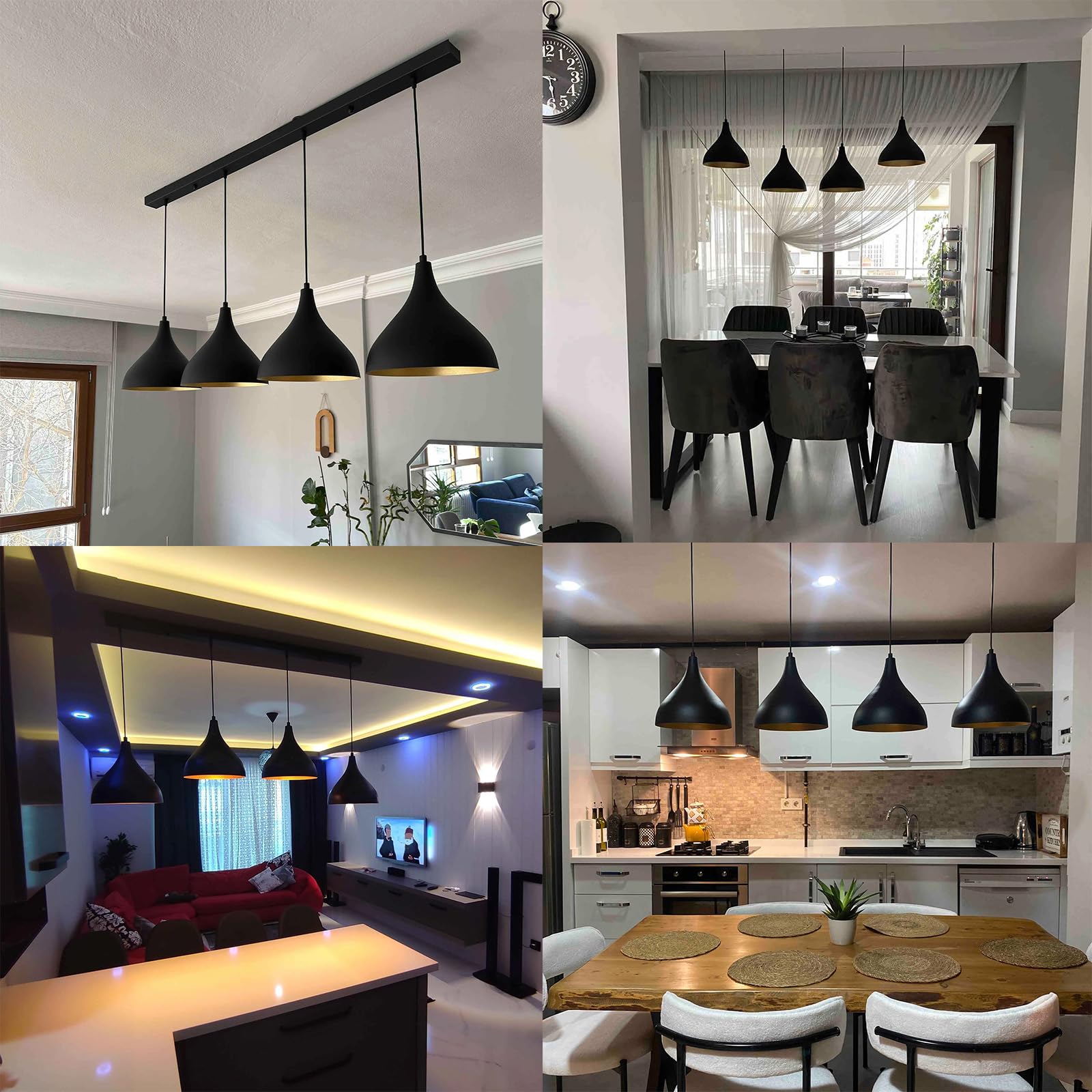 bamyum Lámpara Colgante de Mesa de Comedor I Adash I 4 llamas Lámpara de Mesa de Metal Ø 26 cm Lámpara de Techo Mesa de Comedor Colgante Sala de Estar Redonda - Lámpara Colgante Negra
