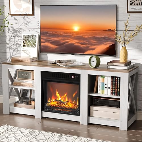 VINGLI Fireplace TV Stand up to 70 inch TVs, Farmhouse Entertainment Center with Electric Fireplace Heater & Adjustable Shelves, Fireplace Media Console Table, Living Room, Distressed White & Barnwood