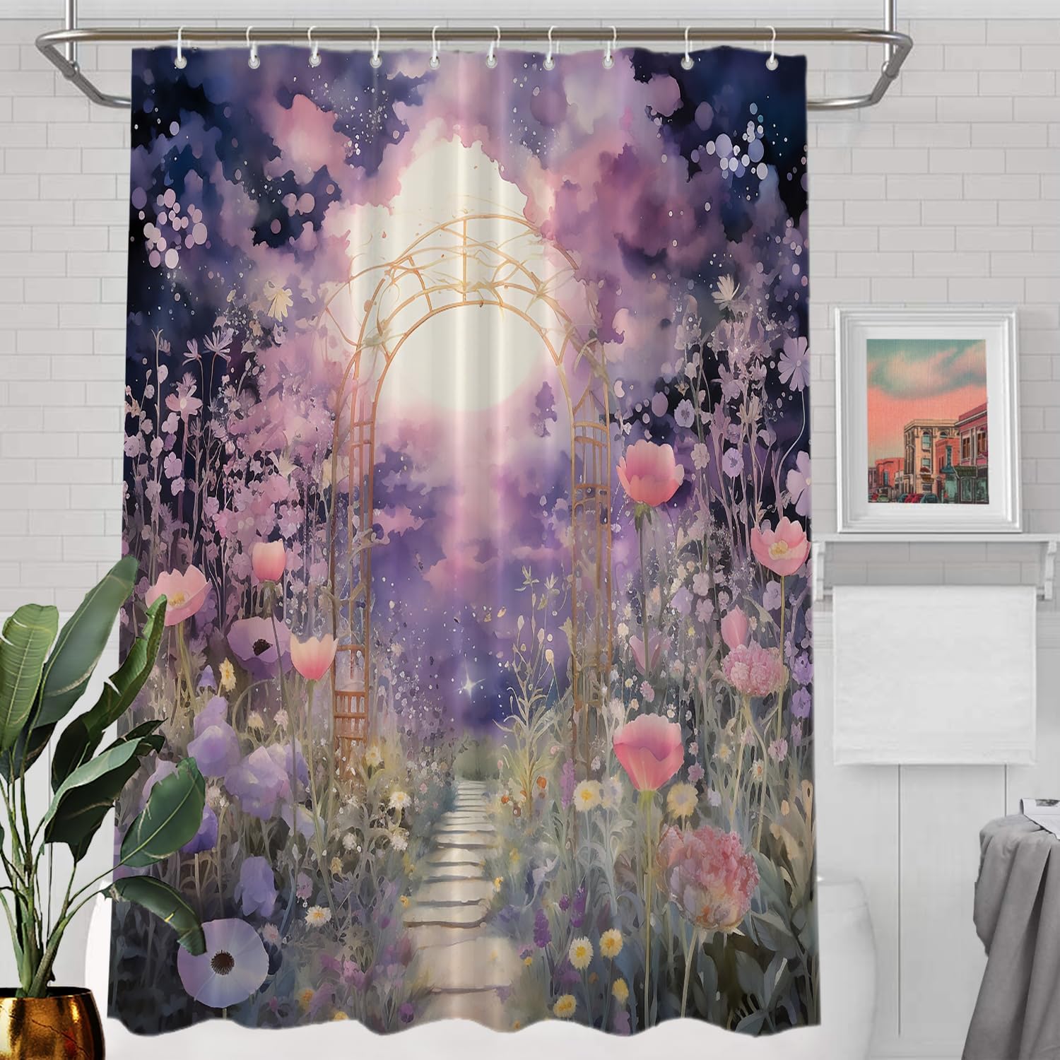 Batmerry Garden Arch Moonlit Decor Shower Curtain, A Moonlit Garden with Arch Bathroom Decor Polyester Fiber Plastic Rings Quick-Drying Waterproof for Bathtubs/Bathroom, 72x60 inches