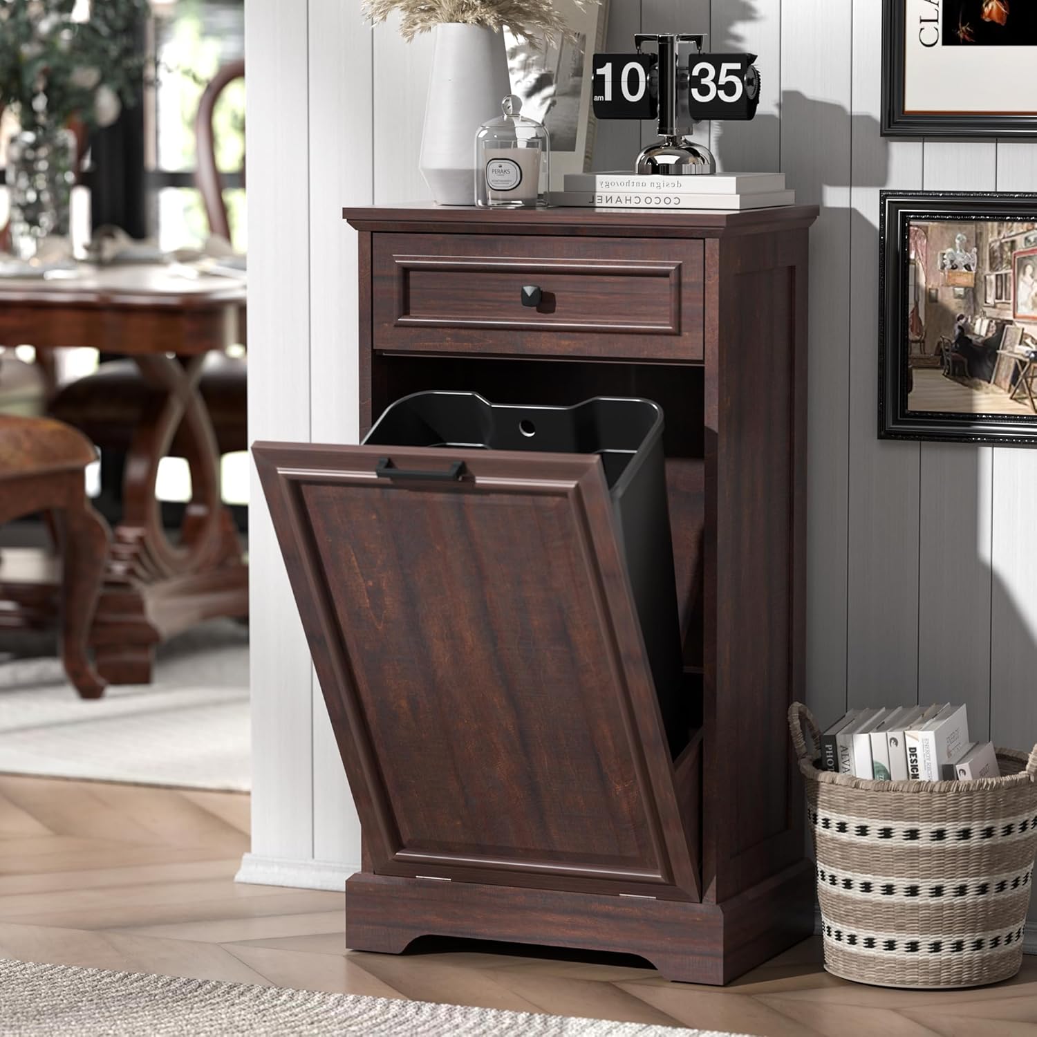 Spurgehom 13 Gallons Tilt Out Trash Can Cabinet Hidden Kitchen Waste Bins Free Standing Recycling Trash Cabinets with Drawer Pet Proof Trash Can for Kitchen and Living Room, Brown