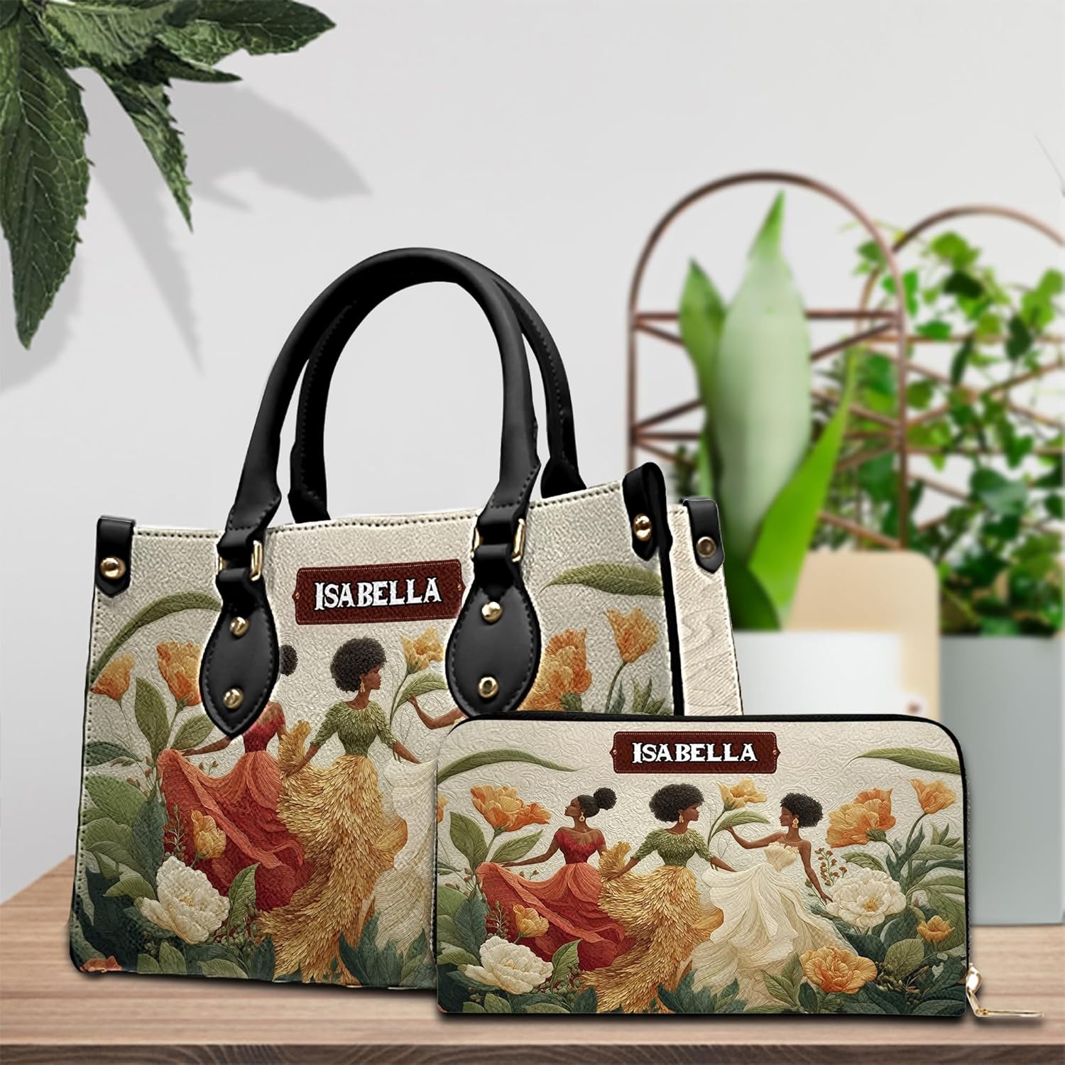 Custom African Women Leather Handbag with Matching Purse, Golden Queens Bag Custom Name Handbag Black Women Bag for Mom