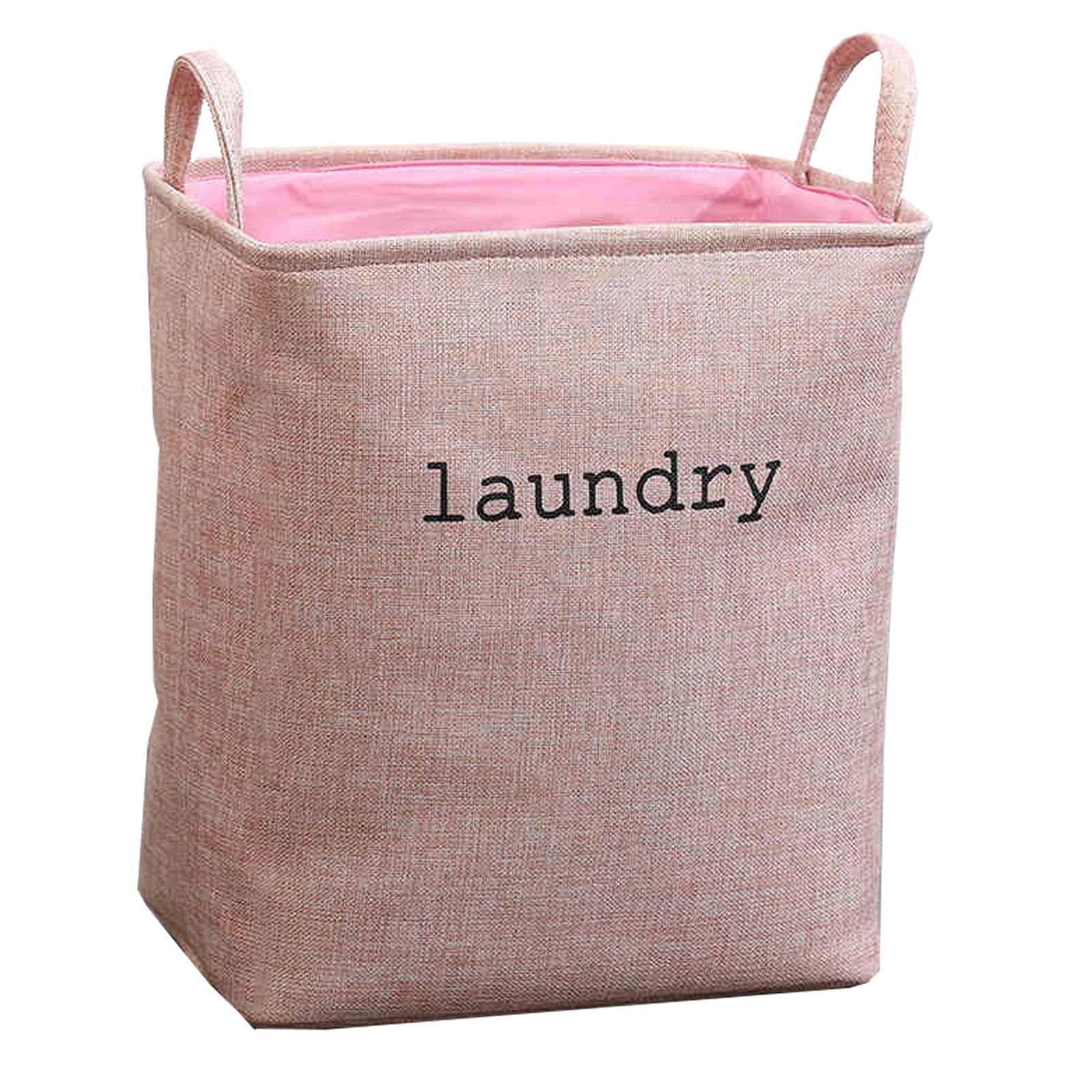 Grand panier à linge pliable coton lin rose avec poignée