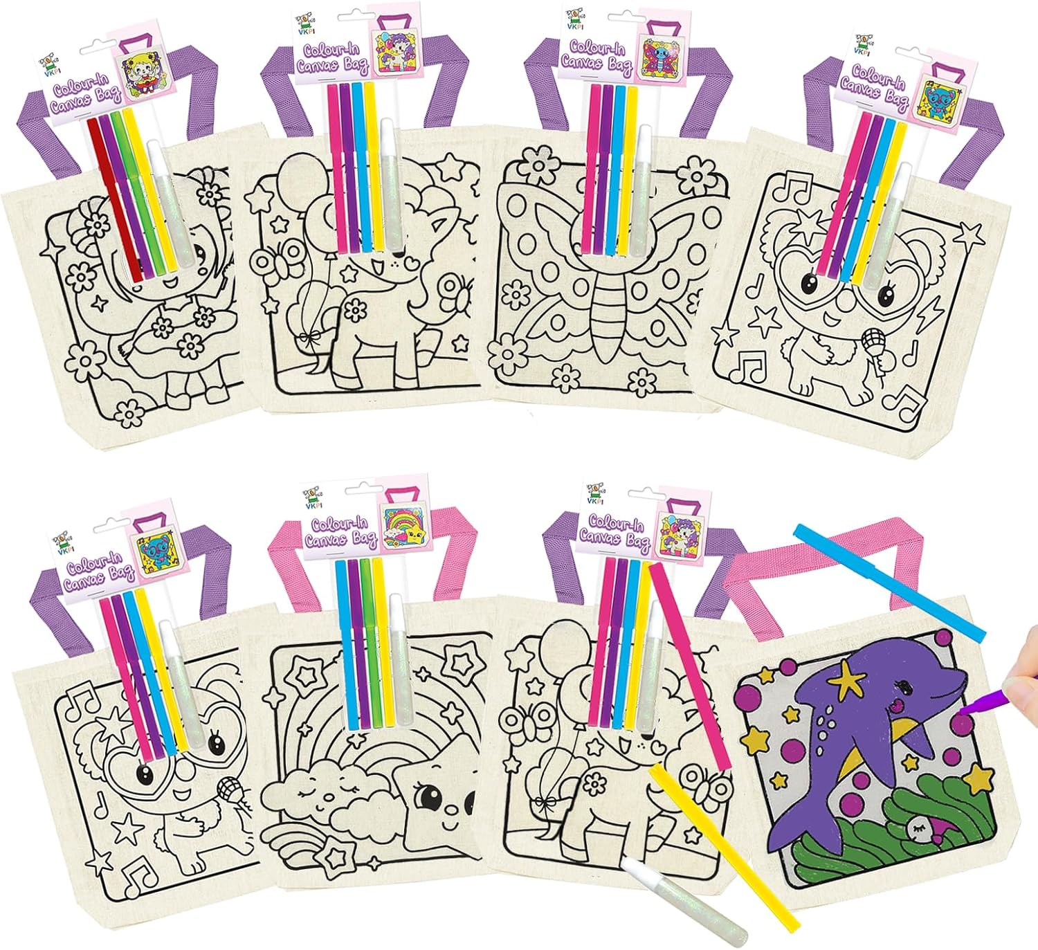 12 Pieces Kids Coloring Goodie Bags, Reusable Canvas Bag, Cute Art Party Favors, Color Your Own Bags for DIY Painting Birthday Carnival Celebration, Party Supplies Gift, Girls