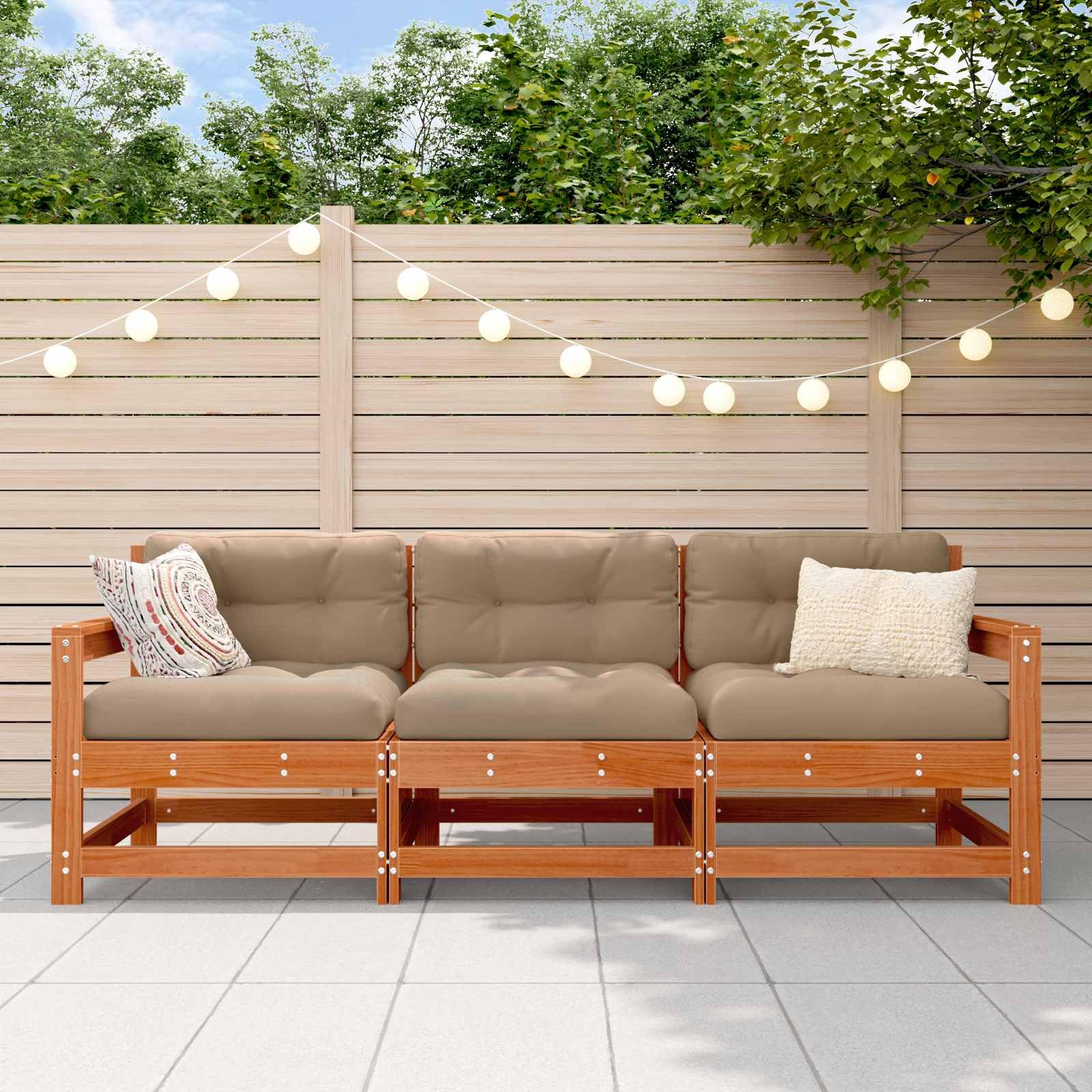 Sofá seccional, 3 unidades, color marrón cera, madera de pino maciza, elemento esquinero, parte central, muebles de salón, sofá ampliable para balcón, terraza, exterior, relajación