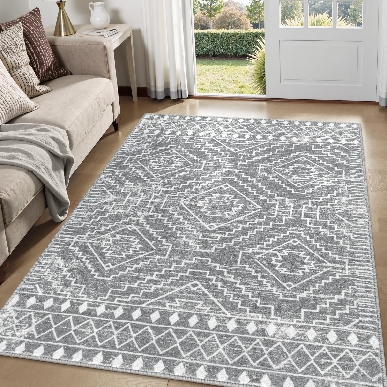 Wonnitar Moroccan Gray Area Rugs for Living Room, Washable 5x7 Boho Bedroom Rugs, Non-Slip Large Soft Dining Room Throw Mat, Floor Carpet for Basement
