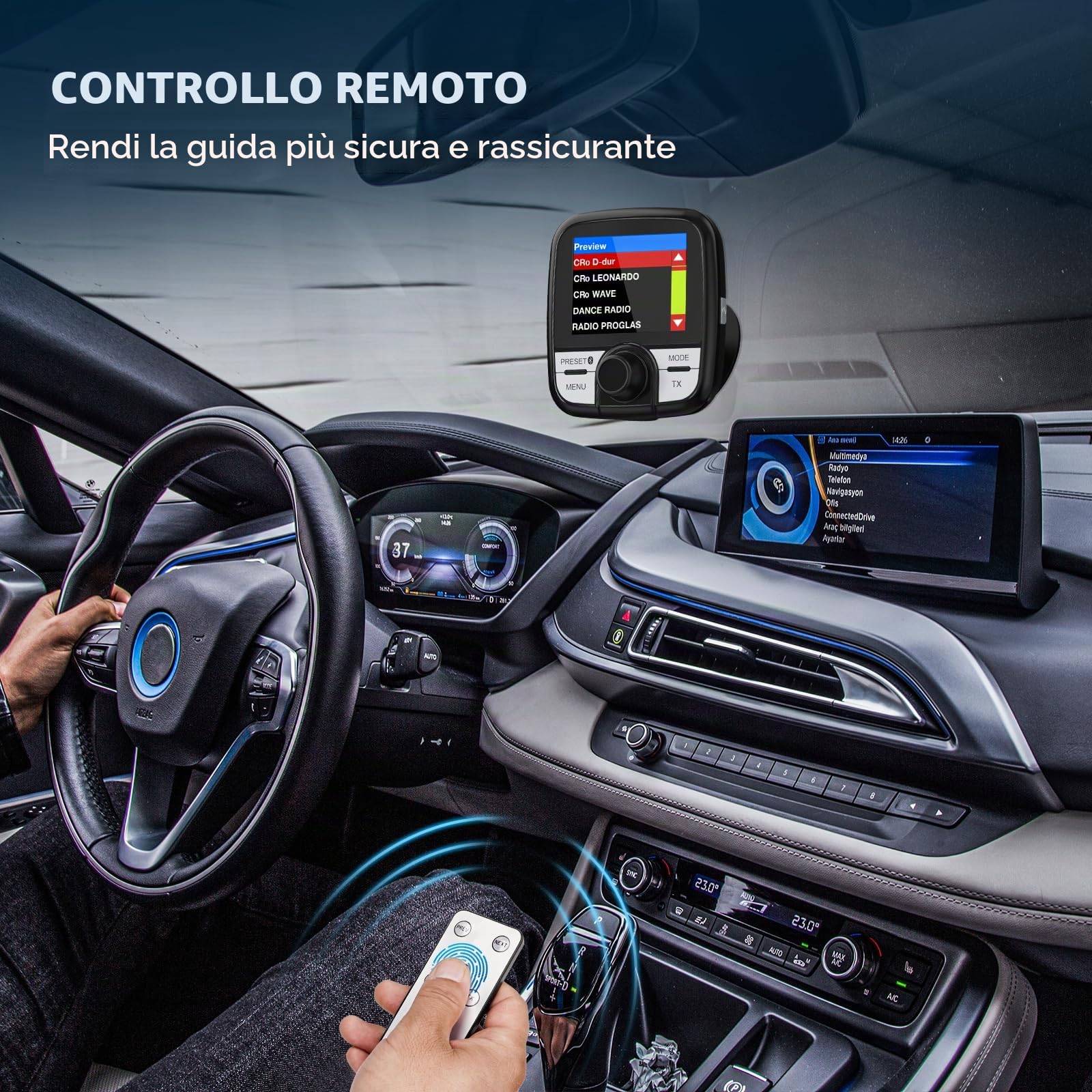 DAB-388 2.4" TFT Adattatore DAB+ per Autoradio, Trasmettitore FM Bluetooth, Vivavoce Chiamata, Streaming musicale Bluetooth, Telecomando, Antenna Attiva SMB