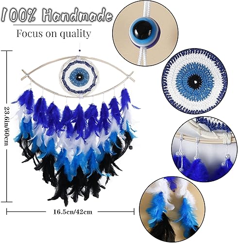 Miniatura 3 de Holmgren Atrapasueños malvados  Decoración azul de ojo turco para dormitorio, arte de pared de mal de ojo para decoración de habitación del hogar,