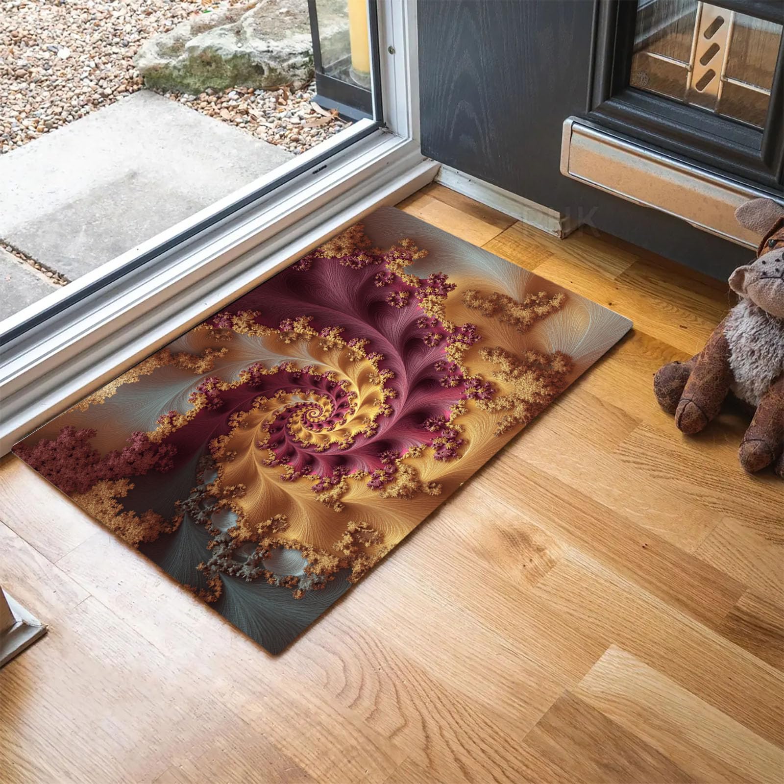 Tapis art abstrait or au graphisme en spirale complexe