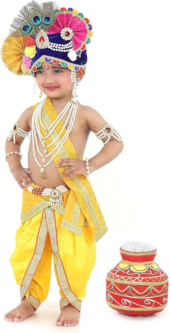 Raj Fancy Dresses Shri Krishna Dress for Baby Boy & Girl, Janmashtmi Dress with Diaper-friendly Dhoti & Dupatta, Mor Pankh Mukut