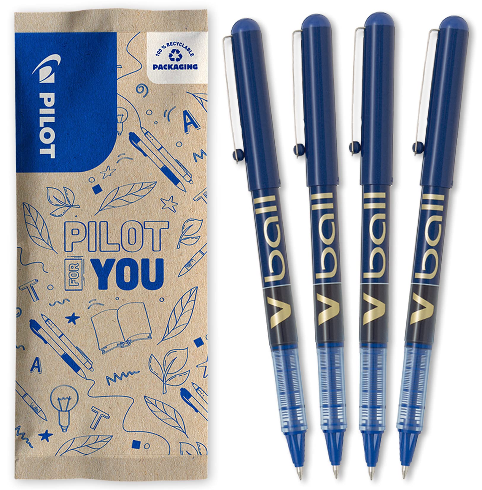 PILOT - 4 unidades - Bolígrafo Roller tinta líquida V-Ball 07 Medio, azul