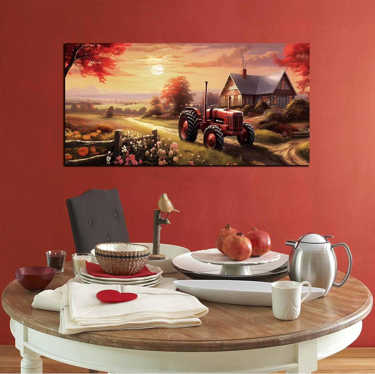 ANCXWOTER Canvas Wall Art Sunset Landscape Canvas Prints Vintage Red Tractor for Living Room Bedroom Office Home Decor Country Farmhouse Artwork 24x48 Inch