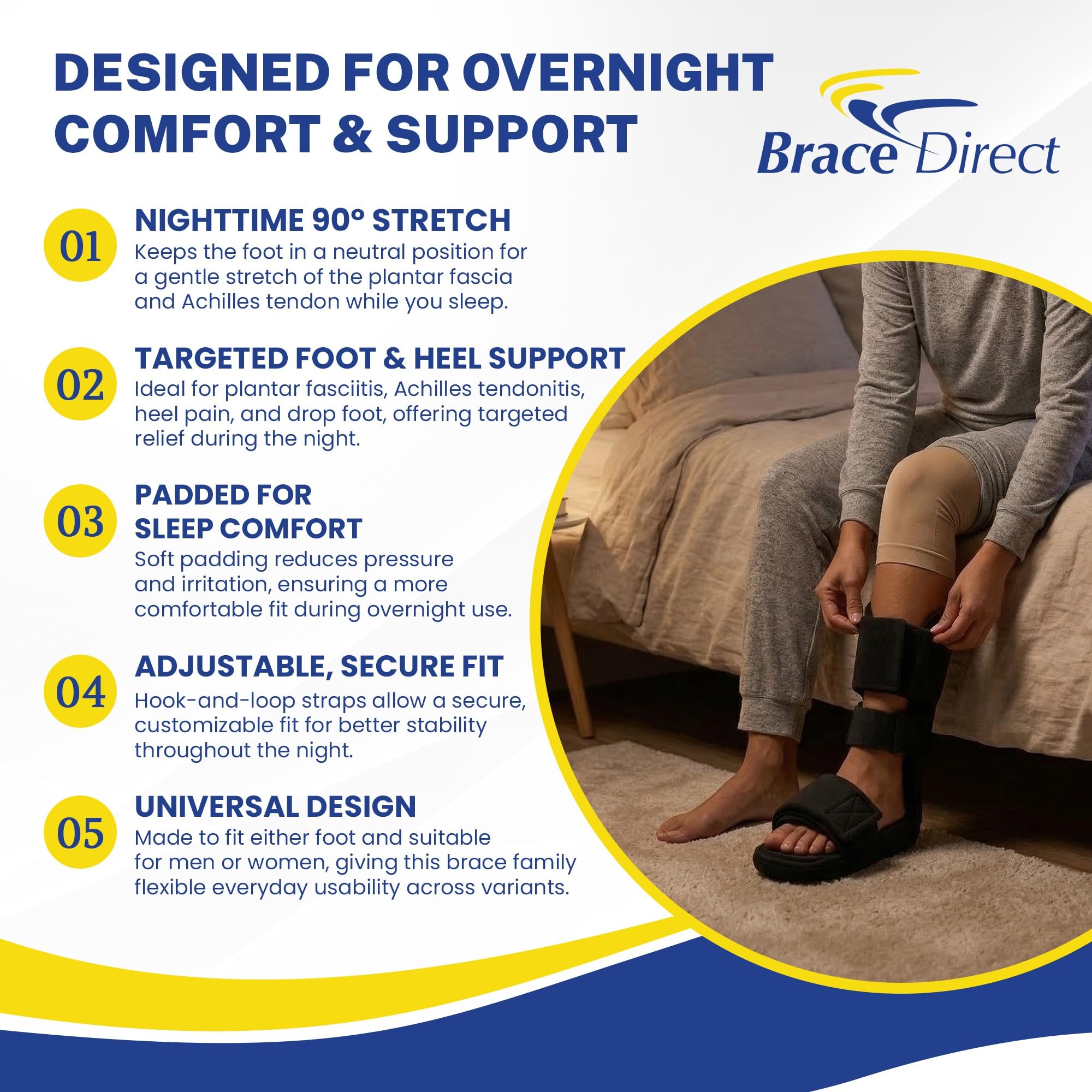 Brace Direct Férula nocturna acolchada cómoda de 90 grados, soporte de estiramiento para fascitis plantar, pie caído, tendinitis de Aquiles y dolor en el talón, mediano (EE. UU. zapatos de hombre 7.5
