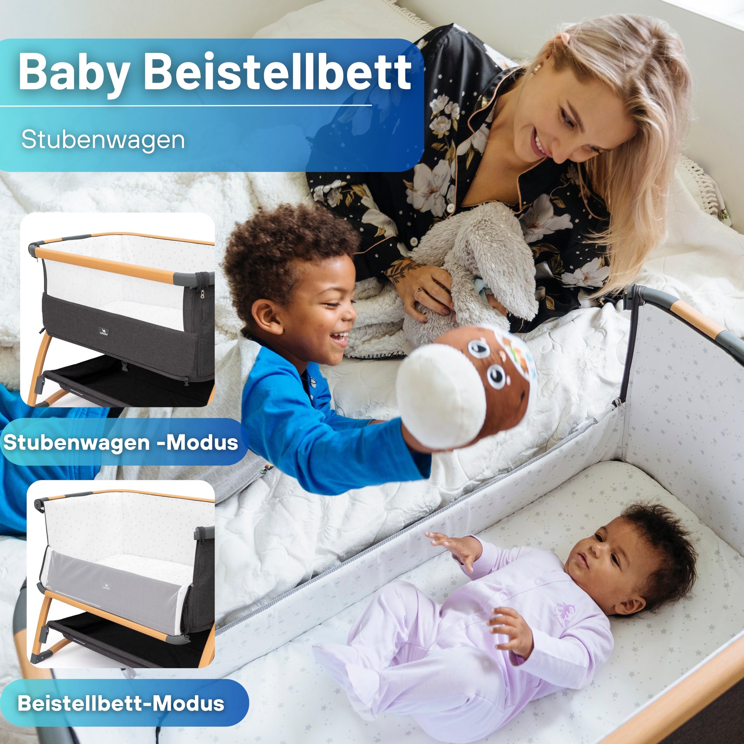 DROMADER Beistellbett Baby 3in1 - Babybett, Babywippe, Reisebett Baby mit Matratze, 0–6 Monate, max 9kg – Stubenwagen mit 7 Höhenverstellungen, Wiegefunktion, Atmungsaktives Netz – Tragetasche