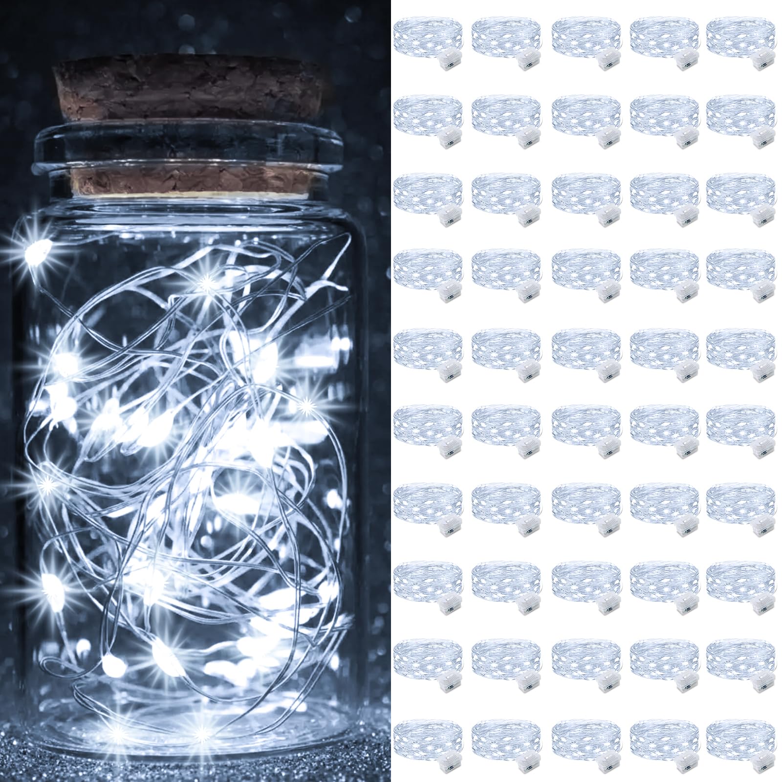 pozzolanas Paquete de 50 luces blancas de hadas que funcionan con pilas, 3 modos de 7 pies, 20 luces LED impermeables, alambre plateado centelleante para tarros de masón, boda, Navidad, Halloween