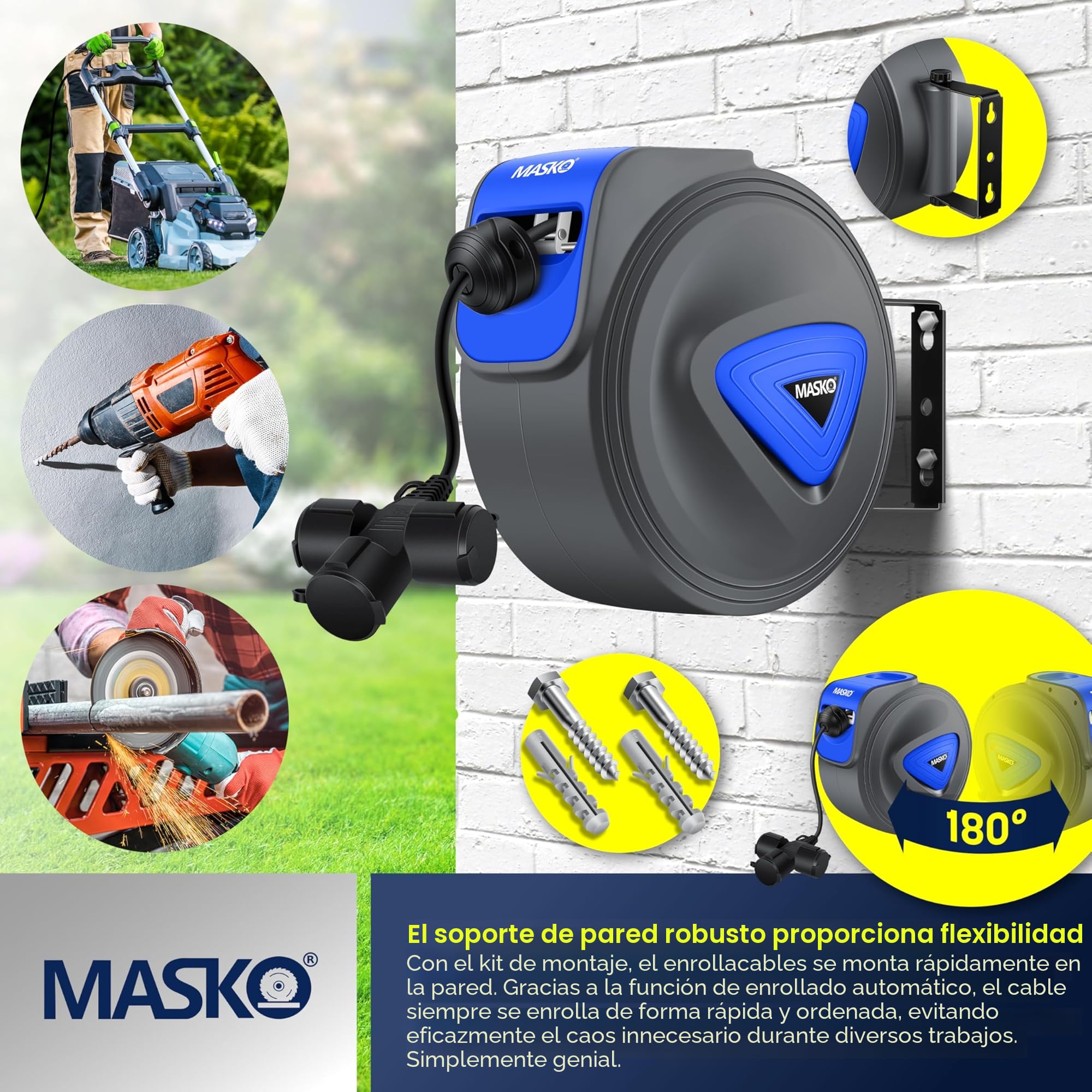 MASKO® Cable alargador automático de 20 m con conexión de 3 vías, giratorio 180°, cable de alimentación de 1,5 m, soporte de pared, enrollador de cables, enrollador de cables, incluye guantes