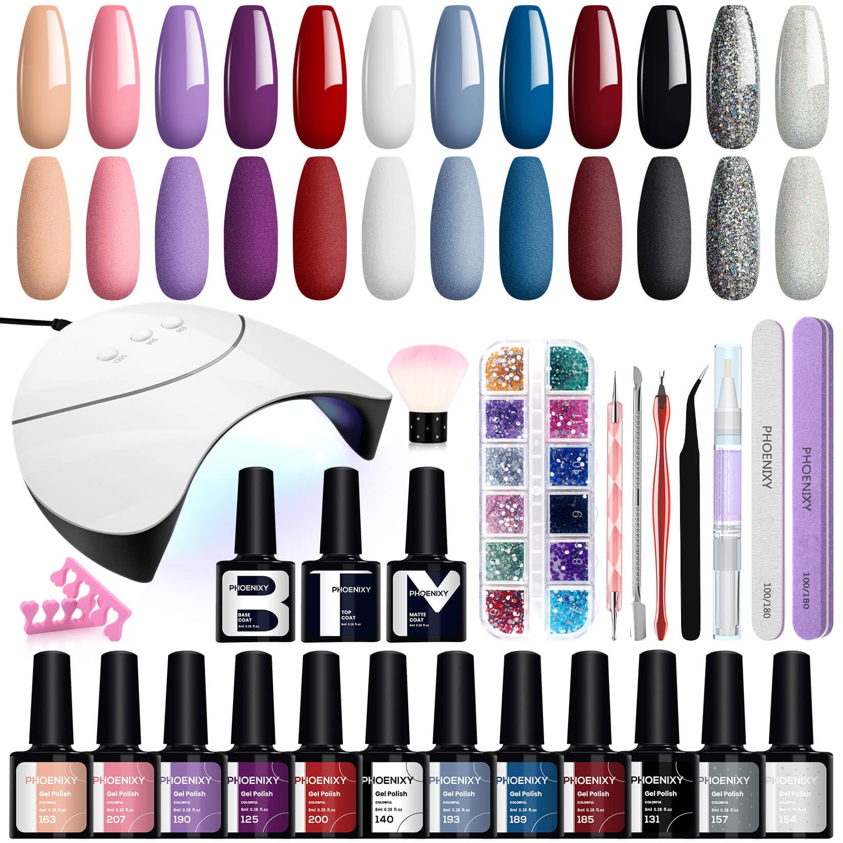 Phoenixy Kit Uñas Semipermanentes con Lampara U V/LED 12 Colores Pintauñas Semipermanentes con Base y Top Coat Uñas Semipermanentes Kit Completo para Principiantes