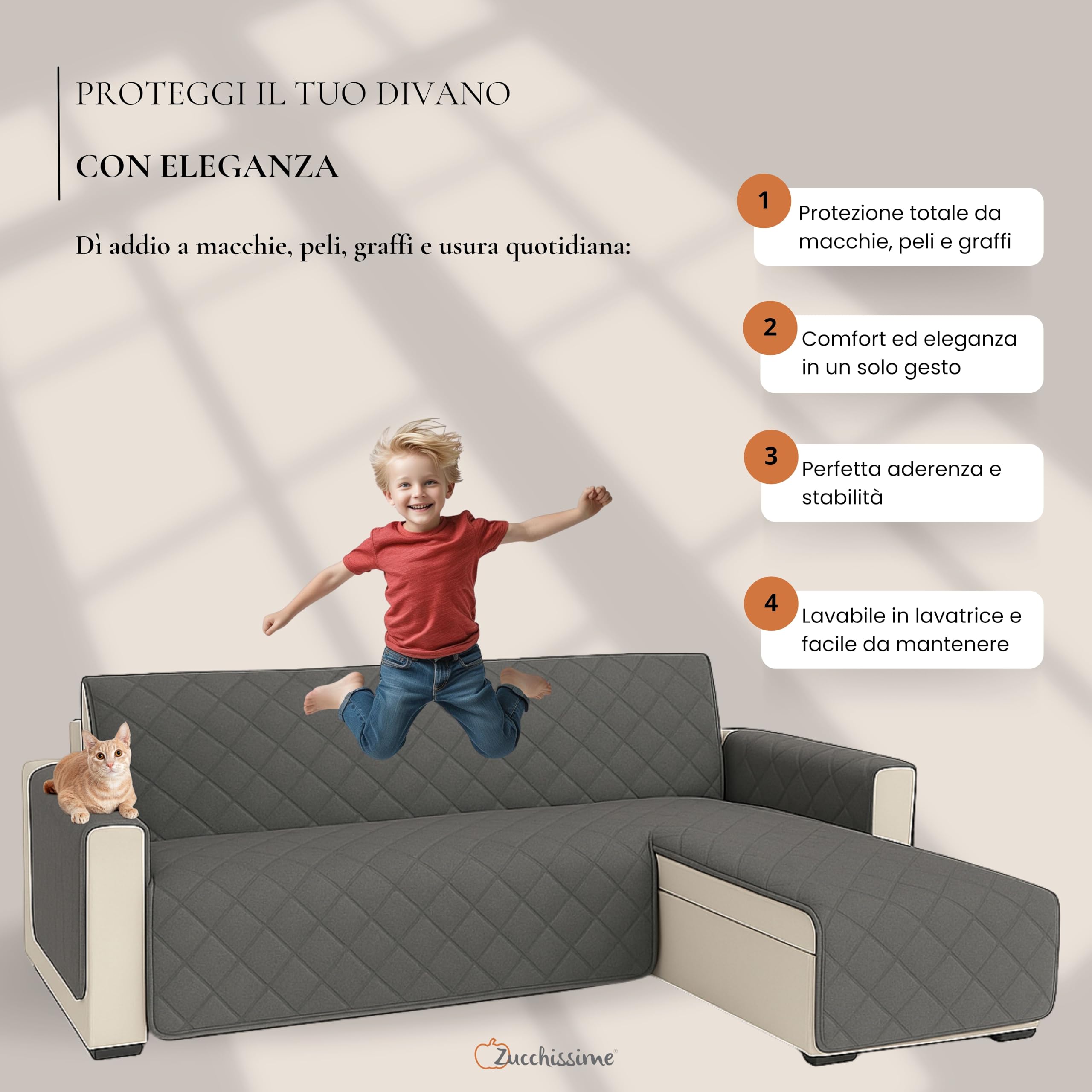 Zucchissime Copridivano 3 Posti con Penisola Impermeabile e Antiscivolo | Barriera contro Macchie, Peli, Graffi e Usura | Pet Friendly Cani e Gatti | Lavabile, Tenuta Stabile, Effetto Arredo Elegante