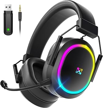 Taiahiro Wireless Gaming Headset, Bluetooth 2.4GHz Headphones with Noise Cancelling Mic, 23ms Low Latency Audio, 50+ Hrs & Surround Sound Memory Foam for Laptop, Mobile, Mac RGB Black