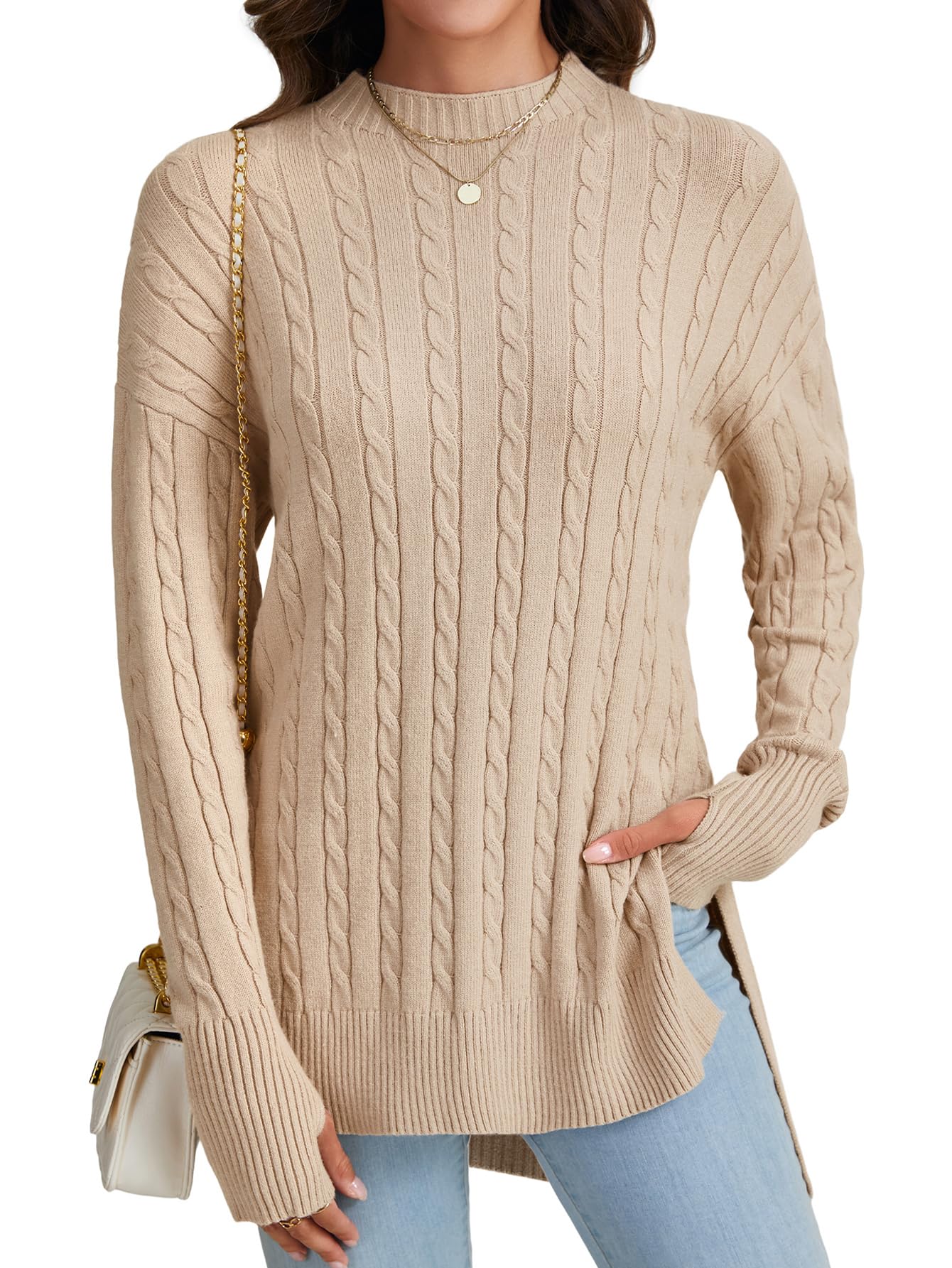 LYANER Womens Cable Knit Side Split Crew Neck Long Sleeve Casual Pullover Sweater