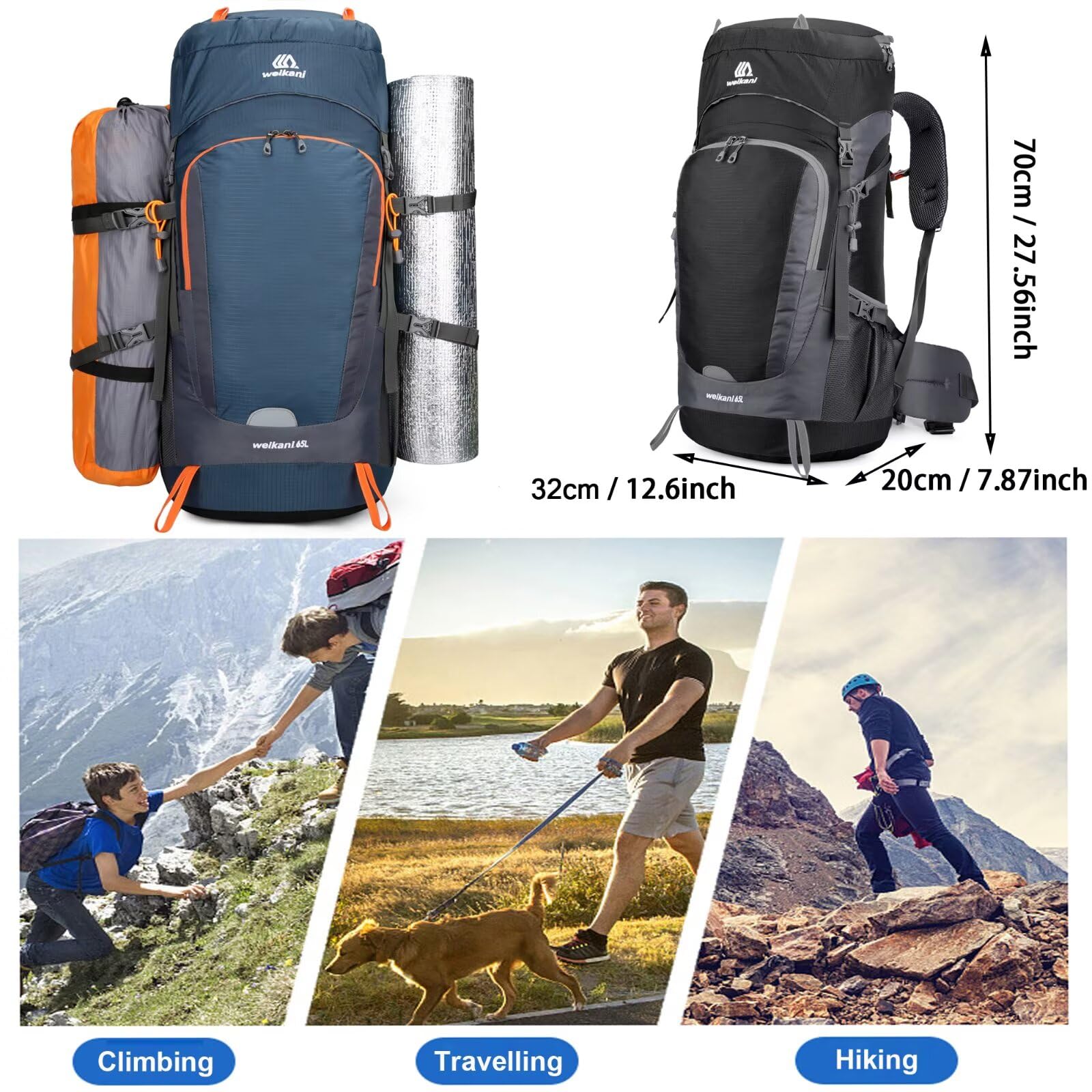Mochila de senderismo de 65 litros con cubierta para la lluvia, mochila ligera para camping, mochila grande de senderismo para hombres y mujeres, mochila impermeable para viajes al aire libre
