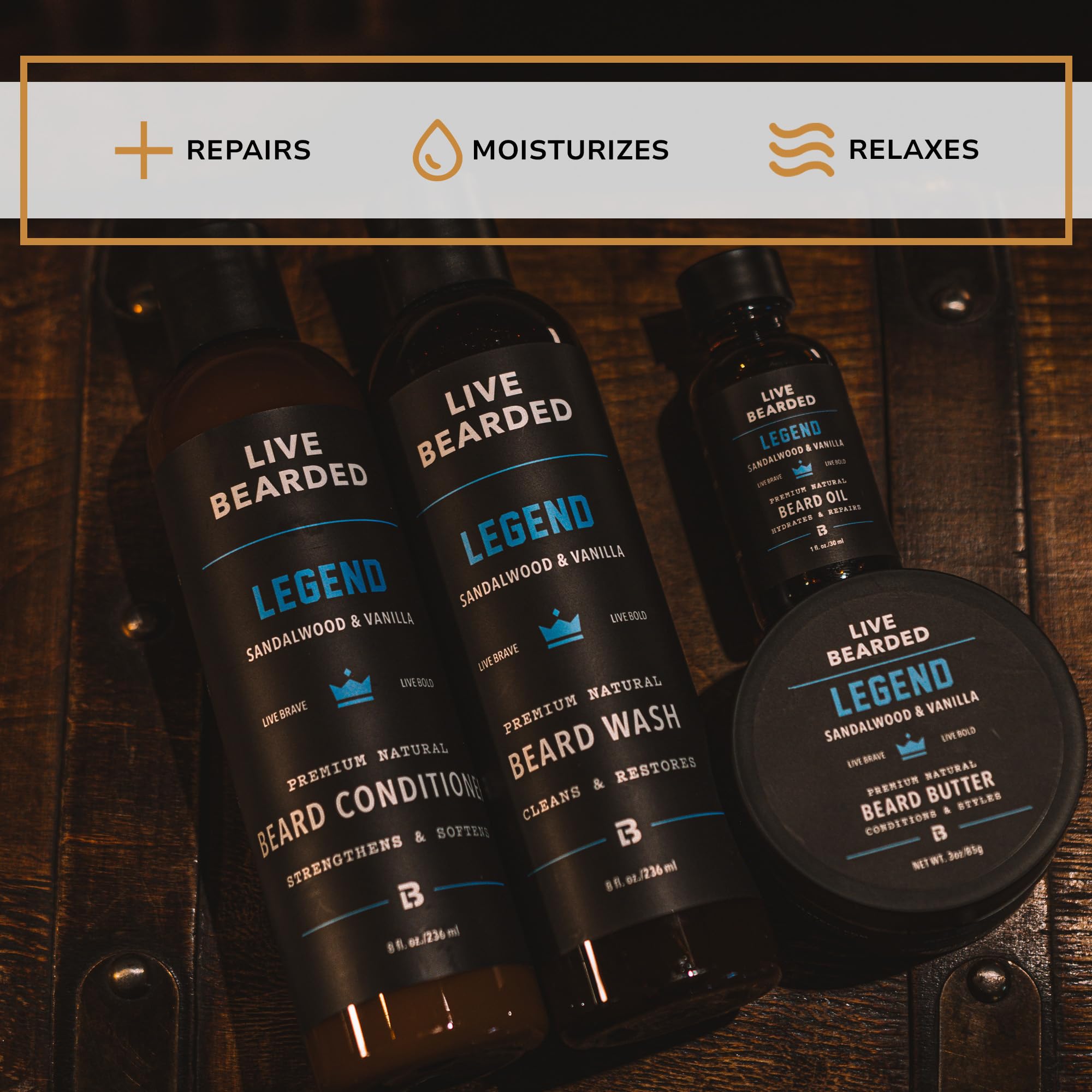Live Bearded Komplettes Bartpflege-Set – Waschen, Conditioner, Butter und Öl – hergestellt in den USA mit rein natürlichen Inhaltsstoffen – Herren-Pflege-Set | Legend-Duft – Sandelholz, Vanille