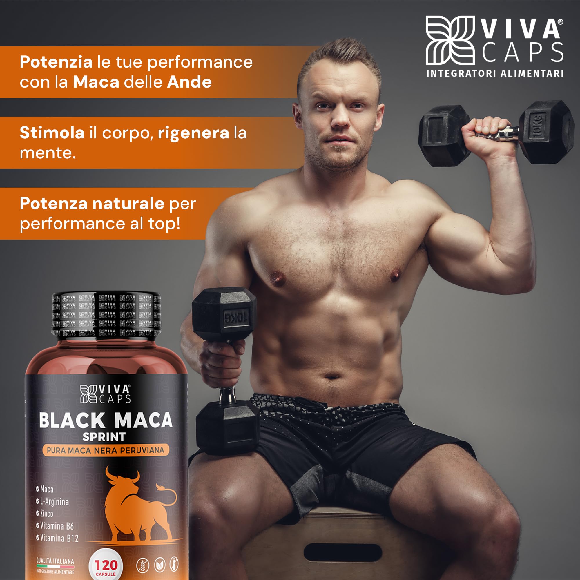 Maca peruviana 24000 mg al giorno estratto 20:1 120 Cps, Black maca con L-Arginina, Zinco, Vitamina B6 e B12 per energia e supporto per la massa muscolare - Made in italy
