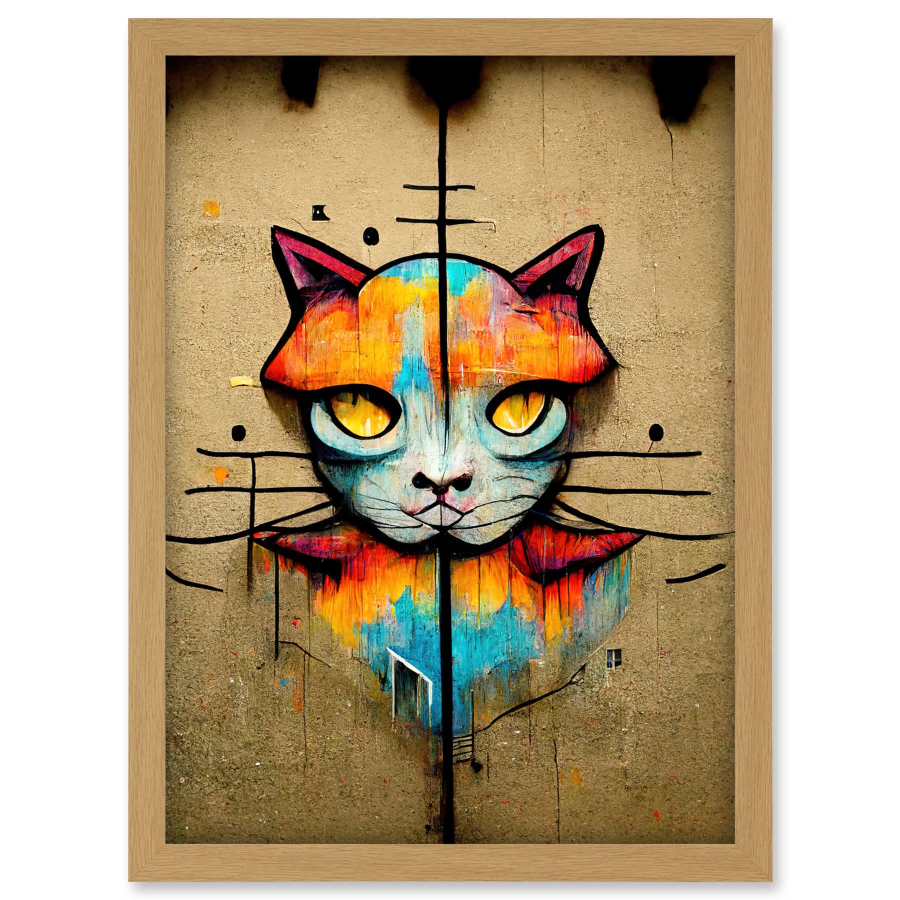 Doppelganger33 LTD Vibrant Symmetrical Street Art Mural Graffiti Cat Artwork Framed A3 Wall Art Print
