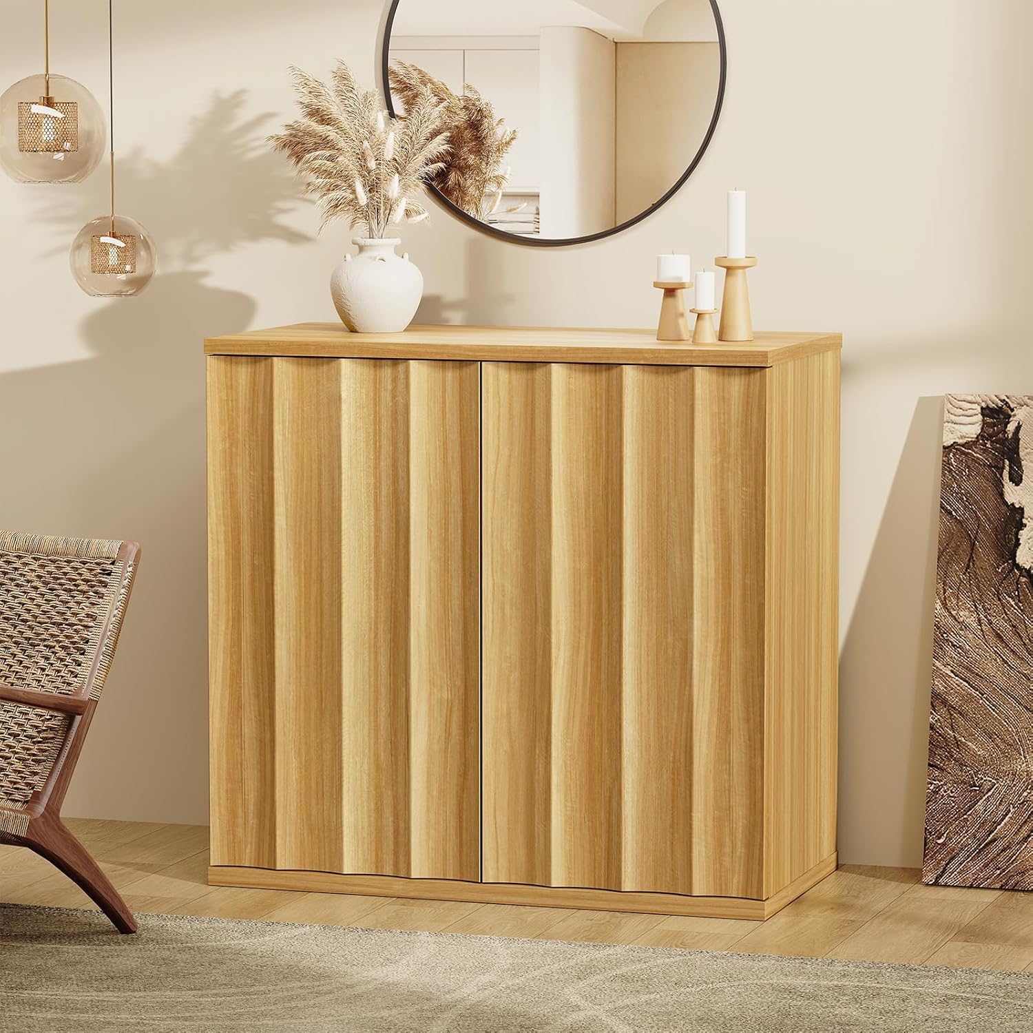 Fluted Sideboard Cabinet with Storage, 31.5" Coffee Bar Cabinet, Modern Kitchen Buffet Cabinets with Doors, Entryway Cabinets for Living Room, Kitchen, Coffee Bar, Natural