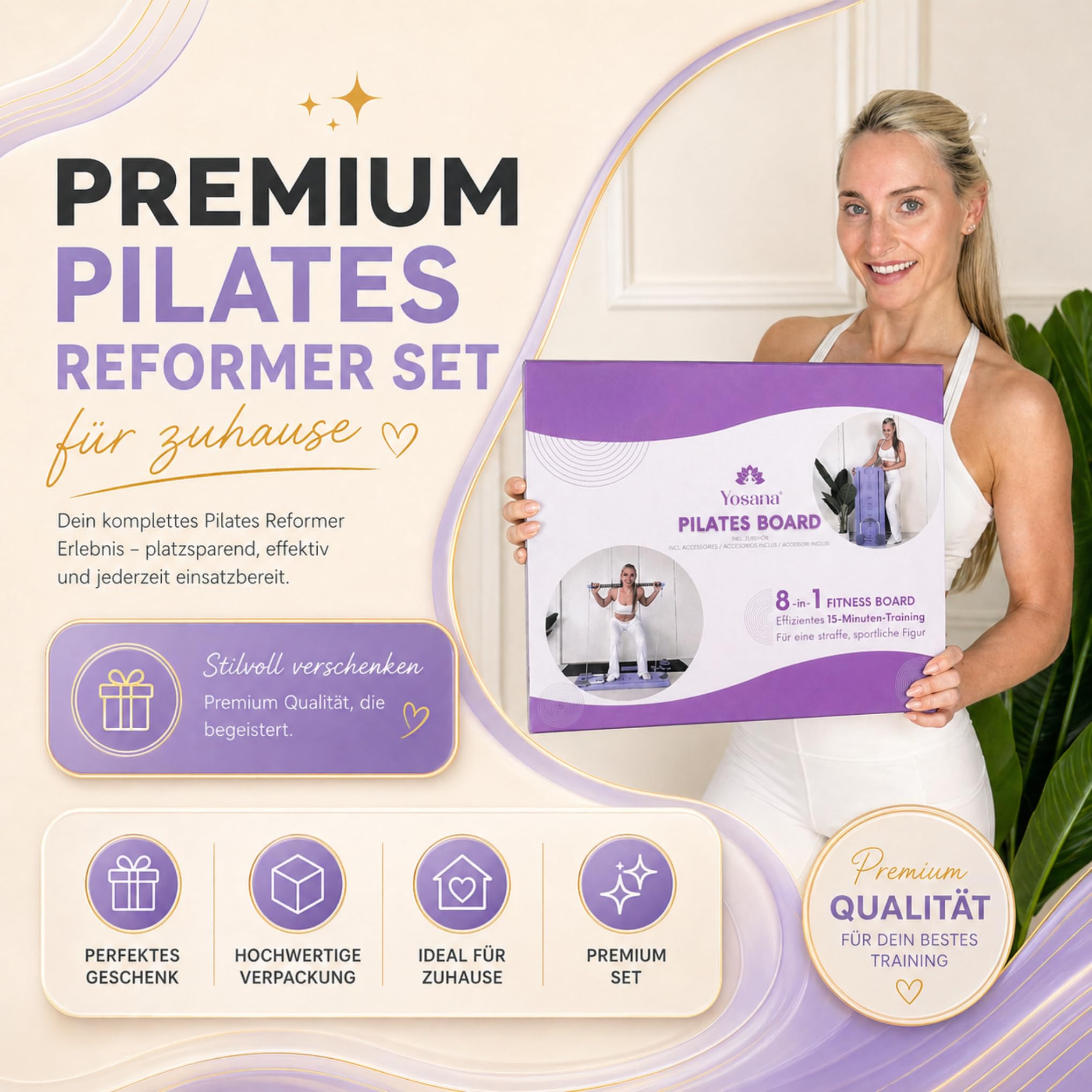 Yosana Pilates Board I Reformer für Zuhause I 8-in-1 Fitness Board faltbar & tragbar I Bauchtrainer inkl. Knie Kissen, Widerstandsbändern & Pilates Bar I verbessertes Design