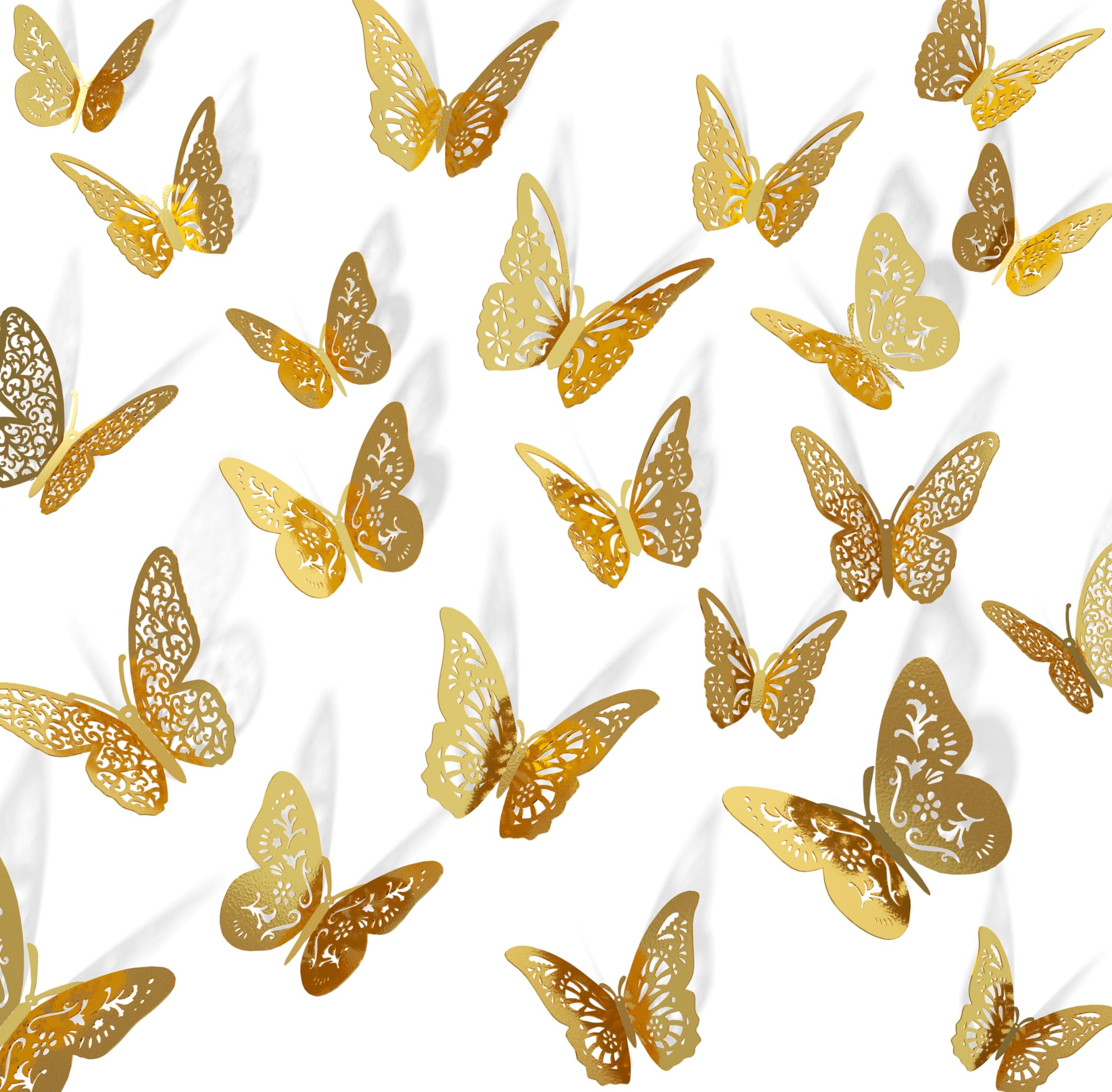 – 48 Pcs Gold Butterfly Decorations, 4 Styles 3 Sizes, Butterfly Wall Decor, 3D Butterfly Party Decorations, Butterflies for Crafts, Bouquet, Cake Decorating, Flower Arrangements, Room Decor