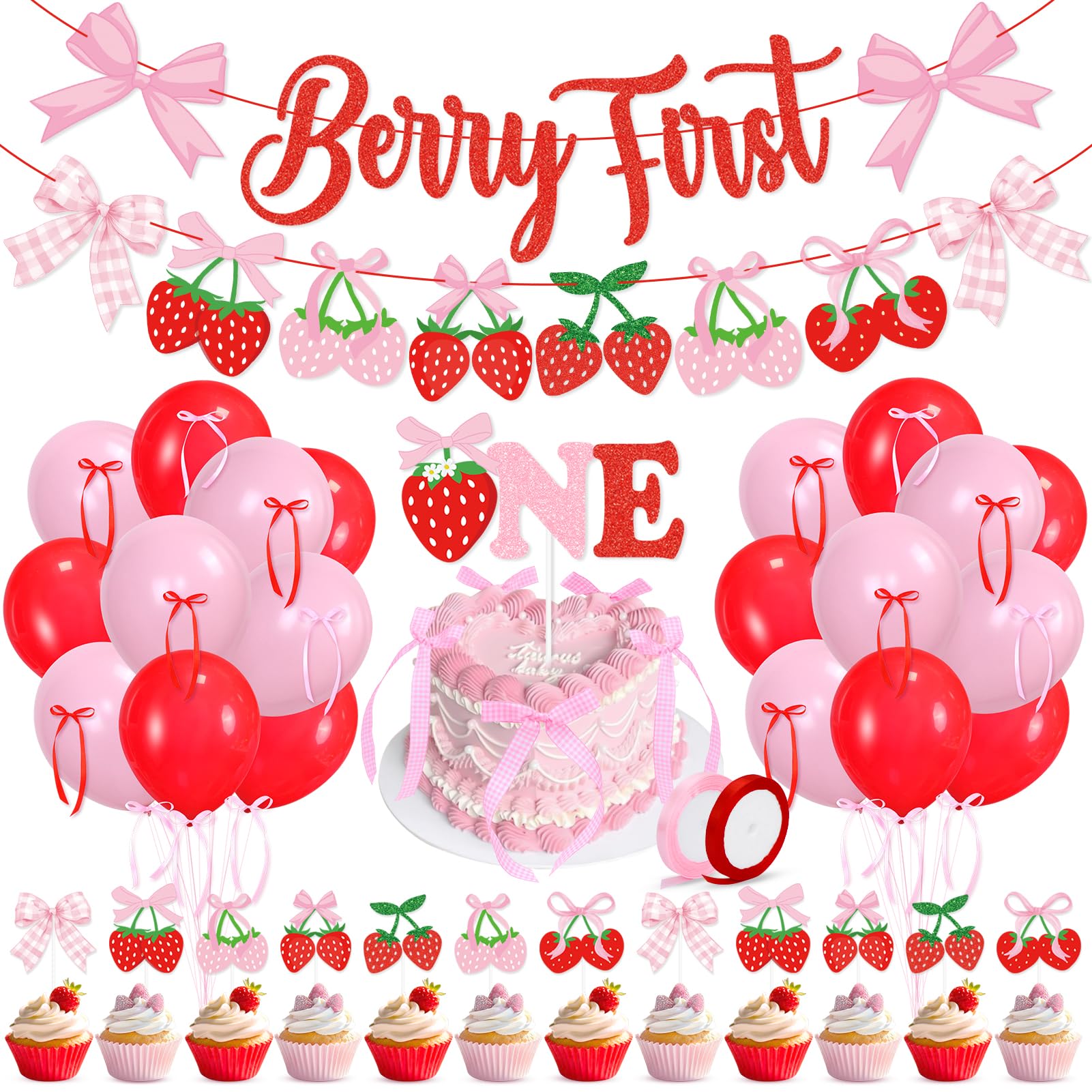 Pink Bow Strawberry Berry First Birthday Party Decor Summer Fruit Bows 1st Birthday Glitter Berry First Banner Cake Topper Balloons for Girl Berry