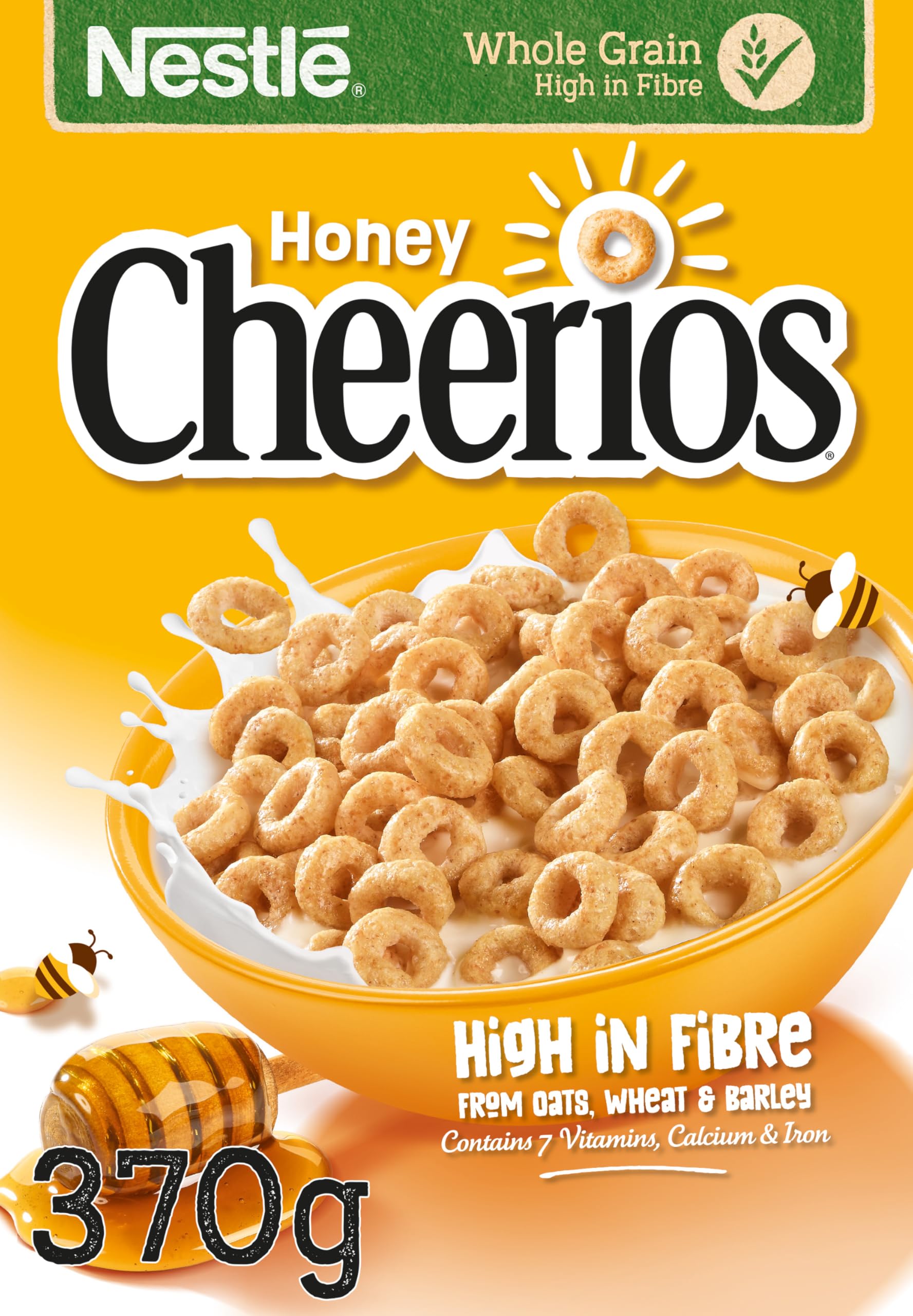 Cereals - Cheerios Breakfast Cereal - Honey Hoops Made With Oats, Wheat and Barley - High Fibre - 370g