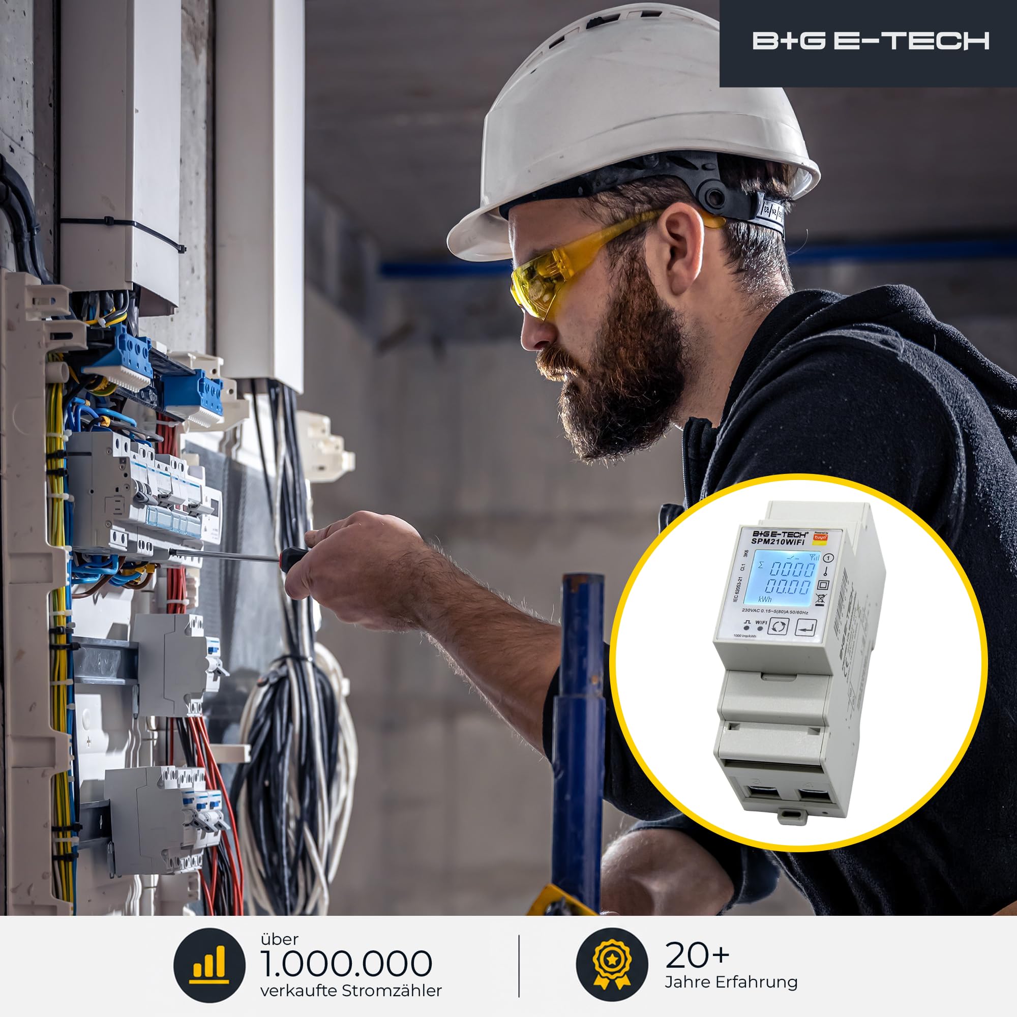 B+G E-Tech SPM210WiFi - Contador de corriente alterna digital (1 fase, con aplicación inteligente Tuya, relé y S0, contador de dos direcciones 80 A para Wallbox, balcones y PV)