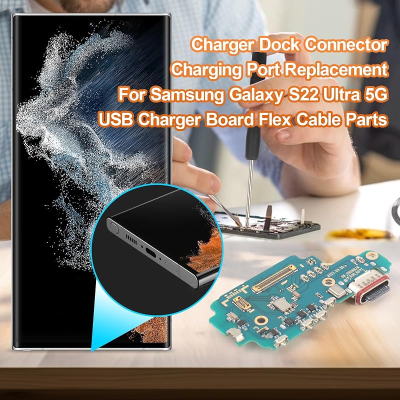 YHX-OU Samsung Galaxy S22 Ultra 5G Töltőcsatlakozó Alkatrész - Mikrofon és Audio Jack Flex Kábel Szerelőkészlettel - SM-S908B Modellekhez