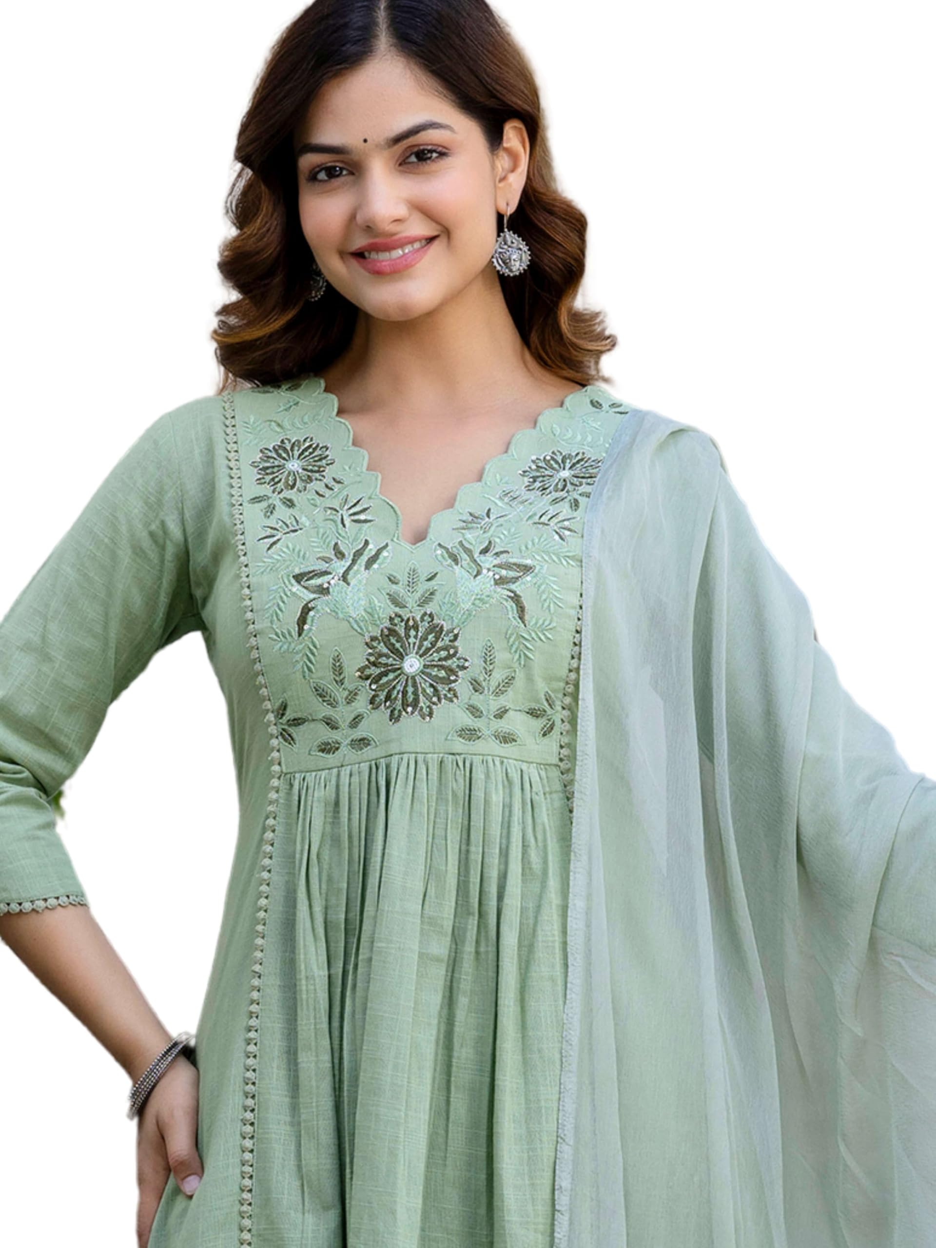 viral crafts Women's Cotton Floral Yoke Design Kurta with Pyjamas & Dupatta | V-Neck Empire Aari Work Kurta Set-picture-14