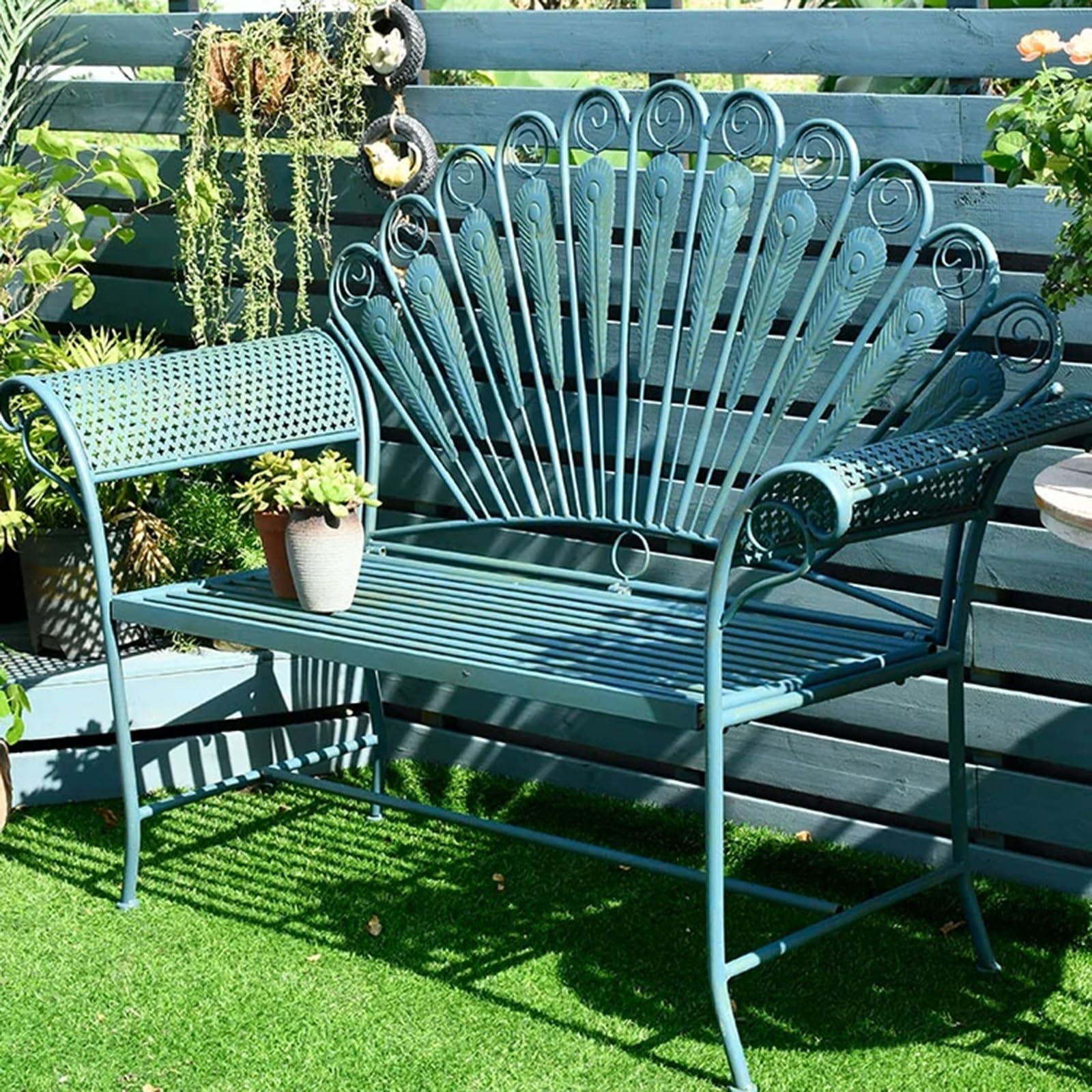 Panchina da Giardino in Metallo con Braccioli, Mobili da Giardino, Blu Antico, Bellissimo Stile Shabby Chic, Fatto a Mano, Vintage