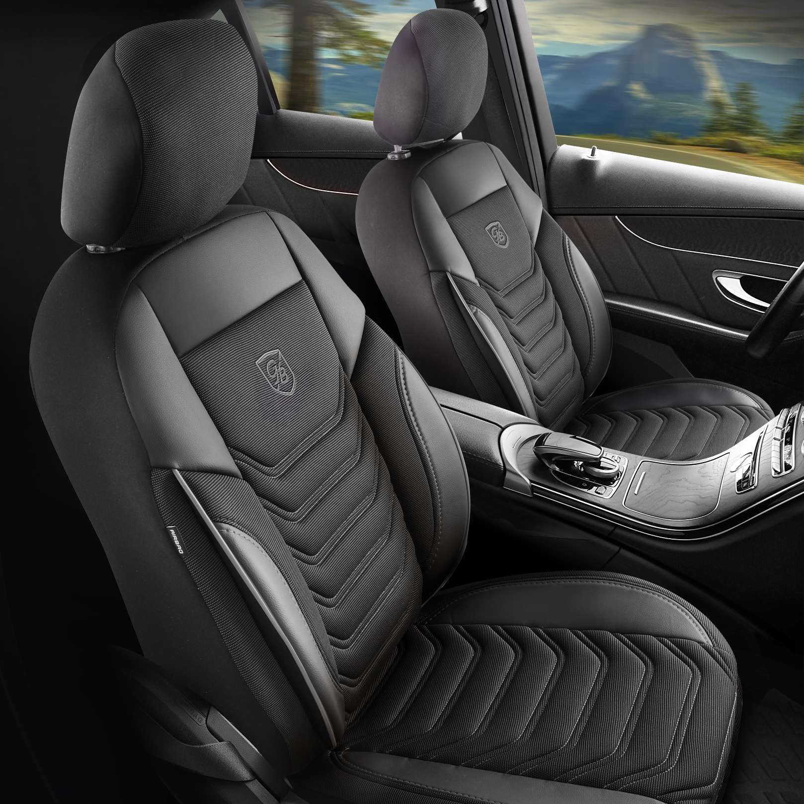 Fundas universales para asientos de coche para turismos y SUV - Fundas premium para asientos delanteros de coche en tejido piqué, negro-gris, funda de asiento compatible con bolsa de
