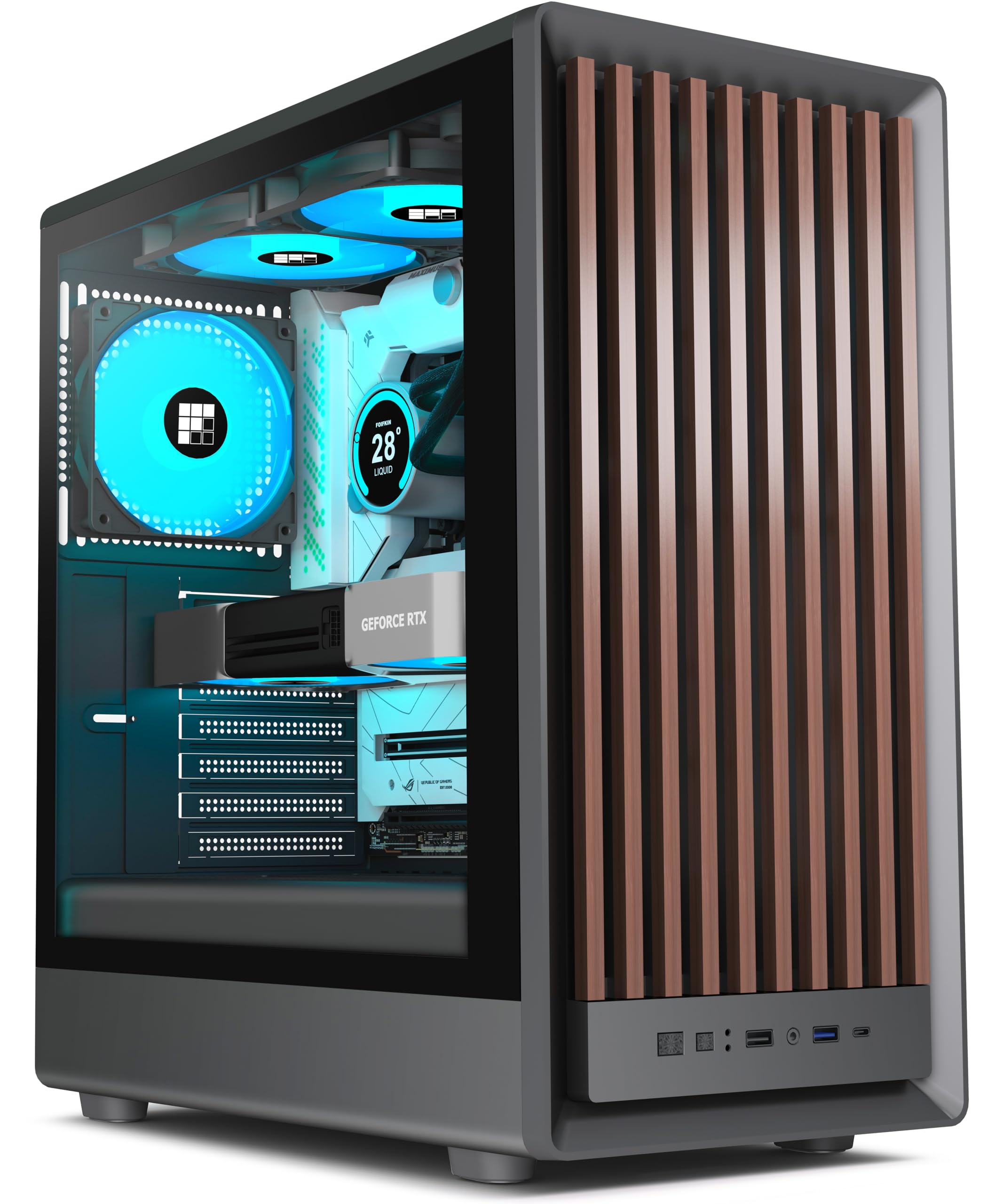 M1 PC Case -Walnut Front pane Pre-Installed 4 PWM ARGB Fan, ATX Mid-Tower Gaming PC Case, with Type-C,FOIFKIN (Black, M1)