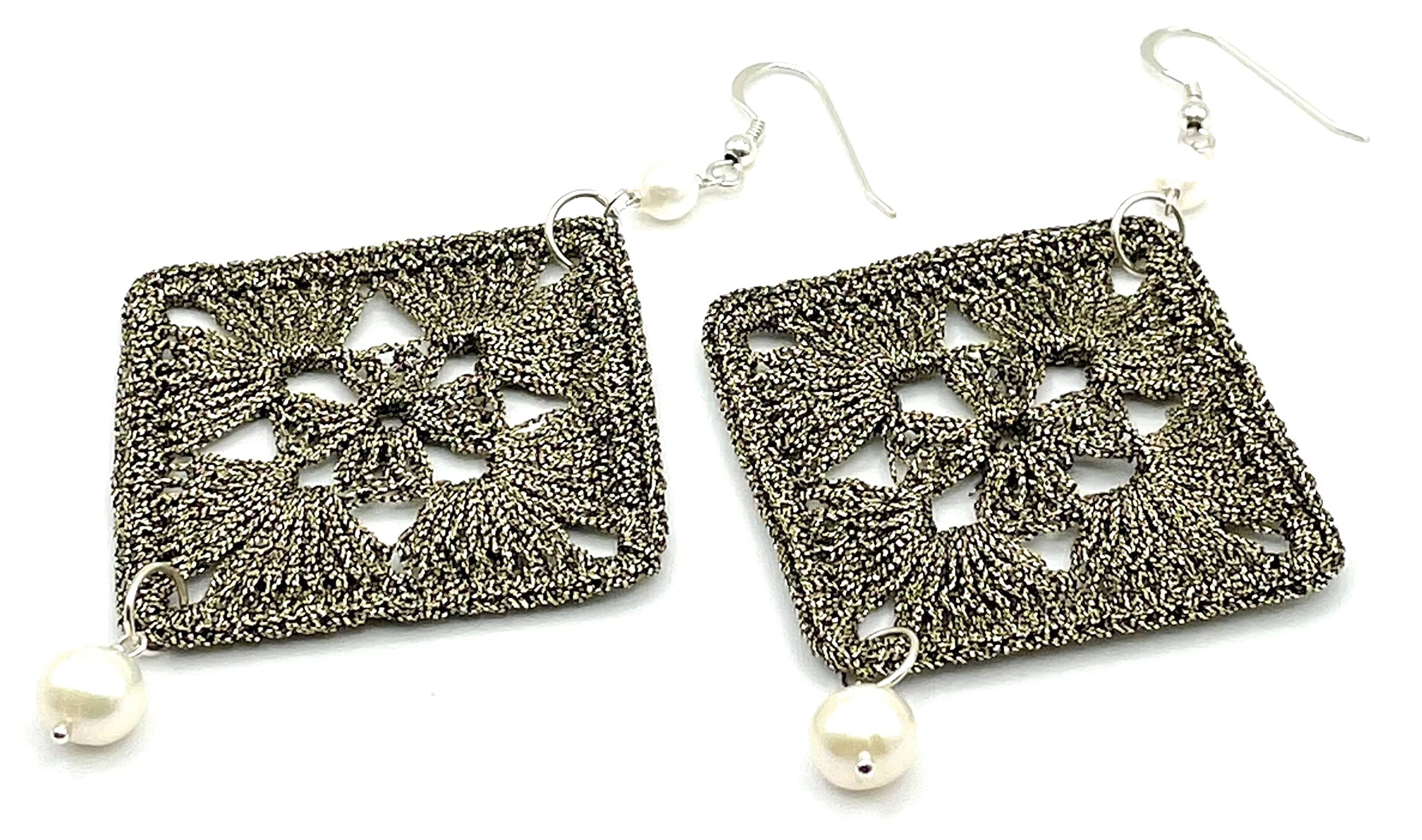 Orecchini Grandi all'Uncinetto e Perle Bianche, Pendenti in Argento 925, Gioielli Artigianali, Bijoux