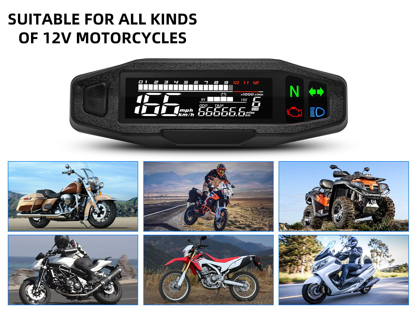 Motorrad Digitaler Tachometer, Drehzahlmesser mit LCD Display, Blinker, Hintergrundbeleuchtung, Kilometerzähler und Vergaser für die meisten Motorradmodelle(mit Stützen and Sensors)