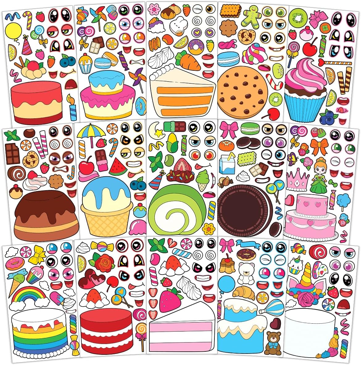 15 Sheets Make Your Own Cake Stickers for Girls Kids Boys Toddlers Create Face Sticker Set Large Print Decal Pack Custom Waterproof Vinyl Decals Birthday Gifts Decoration Supplies