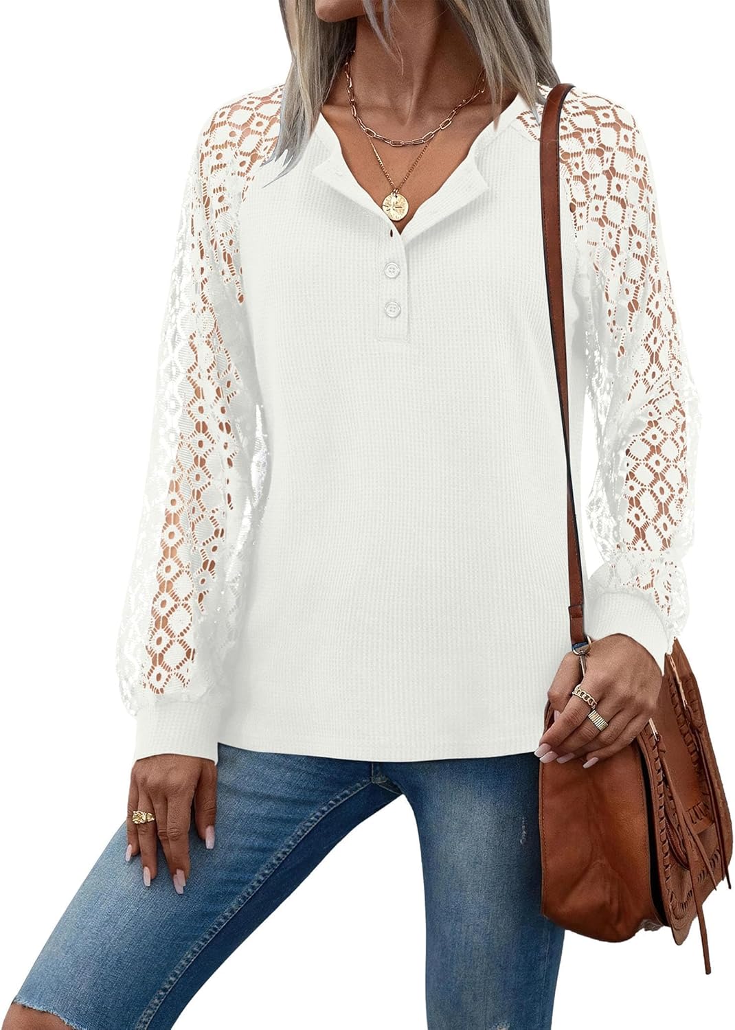 Beluring Womens Tops Casual Lace Long Sleeve Blouse V Neck Waffle T-Shirts Loose Tunic Tops